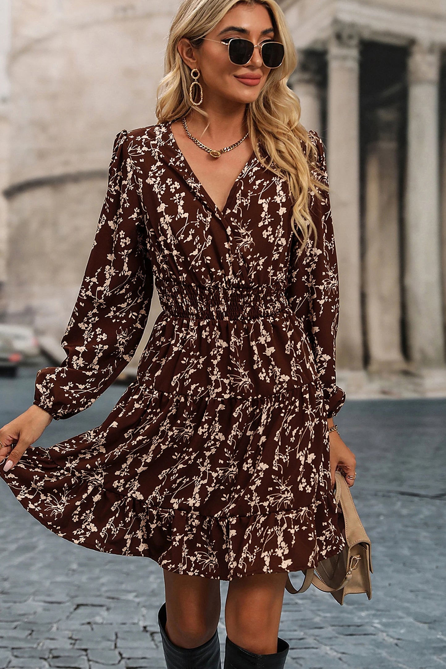 Brown Ditsy Floral Print Split Neck Long Sleeve Shirred Waist Flared Mini Dress-Dresses/Mini Dresses-[Adult]-[Female]-2022 Online Blue Zone Planet