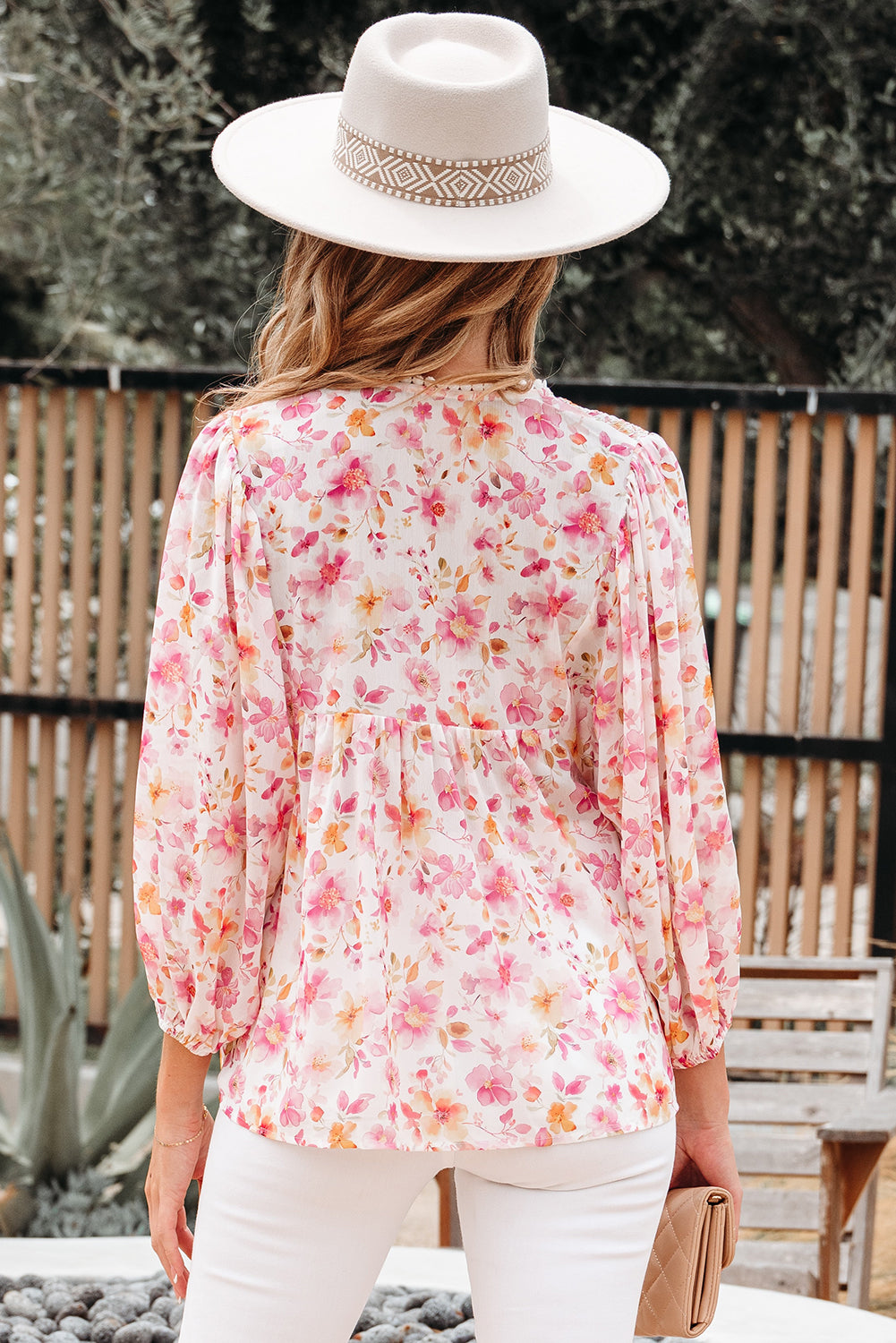 Pink Floral Print Tassel Tie Smocked V Neck Puff Sleeve Tunic Blouse-Tops/Blouses & Shirts-[Adult]-[Female]-2022 Online Blue Zone Planet