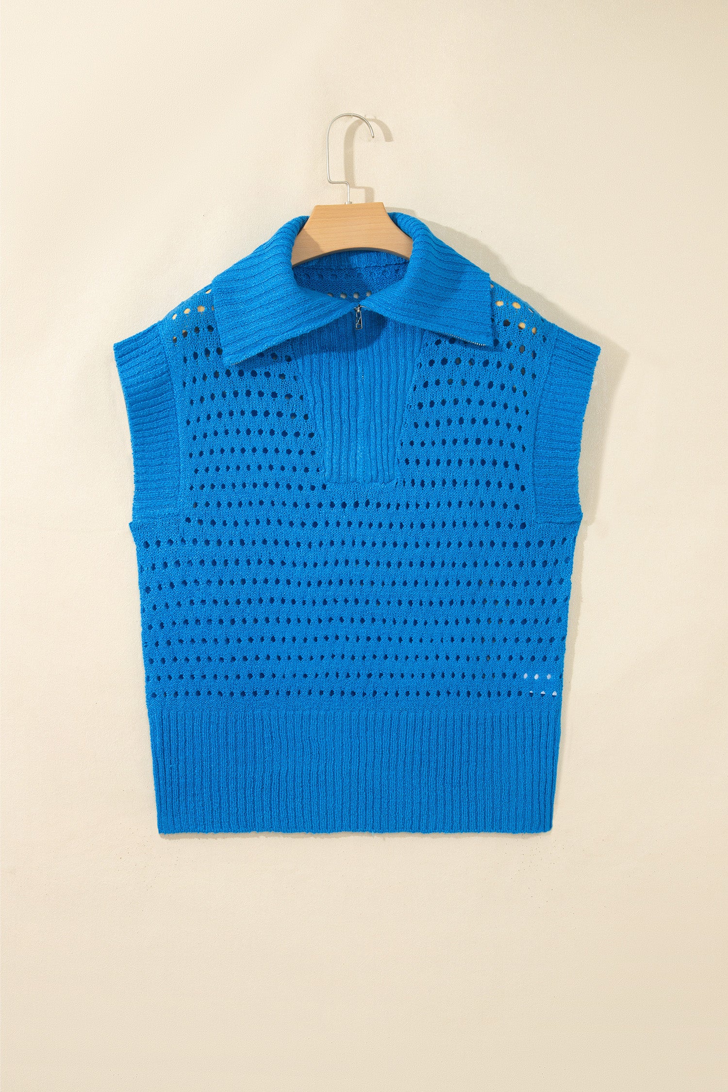 Sky Blue Solid Color Hollowed Knit Short Sleeve Zipper Collar Knitwear Top-Sweaters & Cardigans/Short Sleeve Sweaters-[Adult]-[Female]-2022 Online Blue Zone Planet