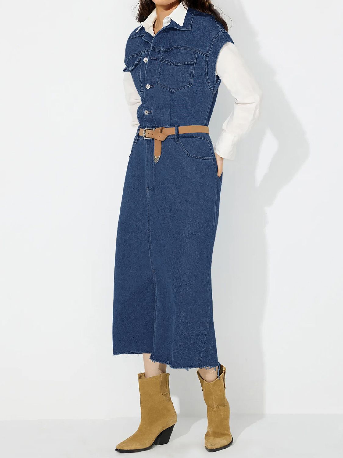 Slit Half Button Collared Neck Cap Sleeve Denim Dress-TOPS / DRESSES-[Adult]-[Female]-2022 Online Blue Zone Planet