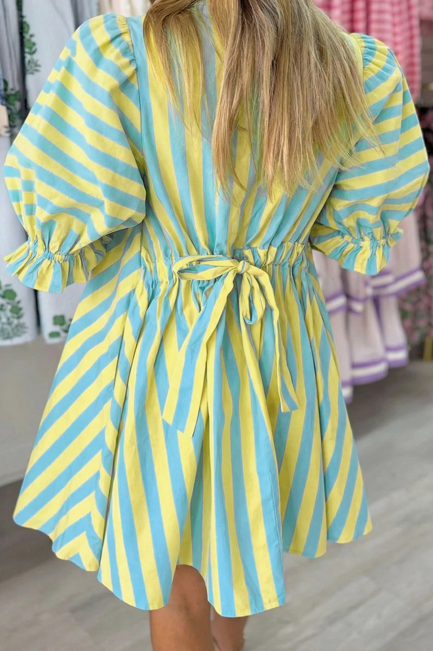 Red Stripe Half Button Puff Sleeve Loose Mini Dress-TOPS / DRESSES-[Adult]-[Female]-2022 Online Blue Zone Planet