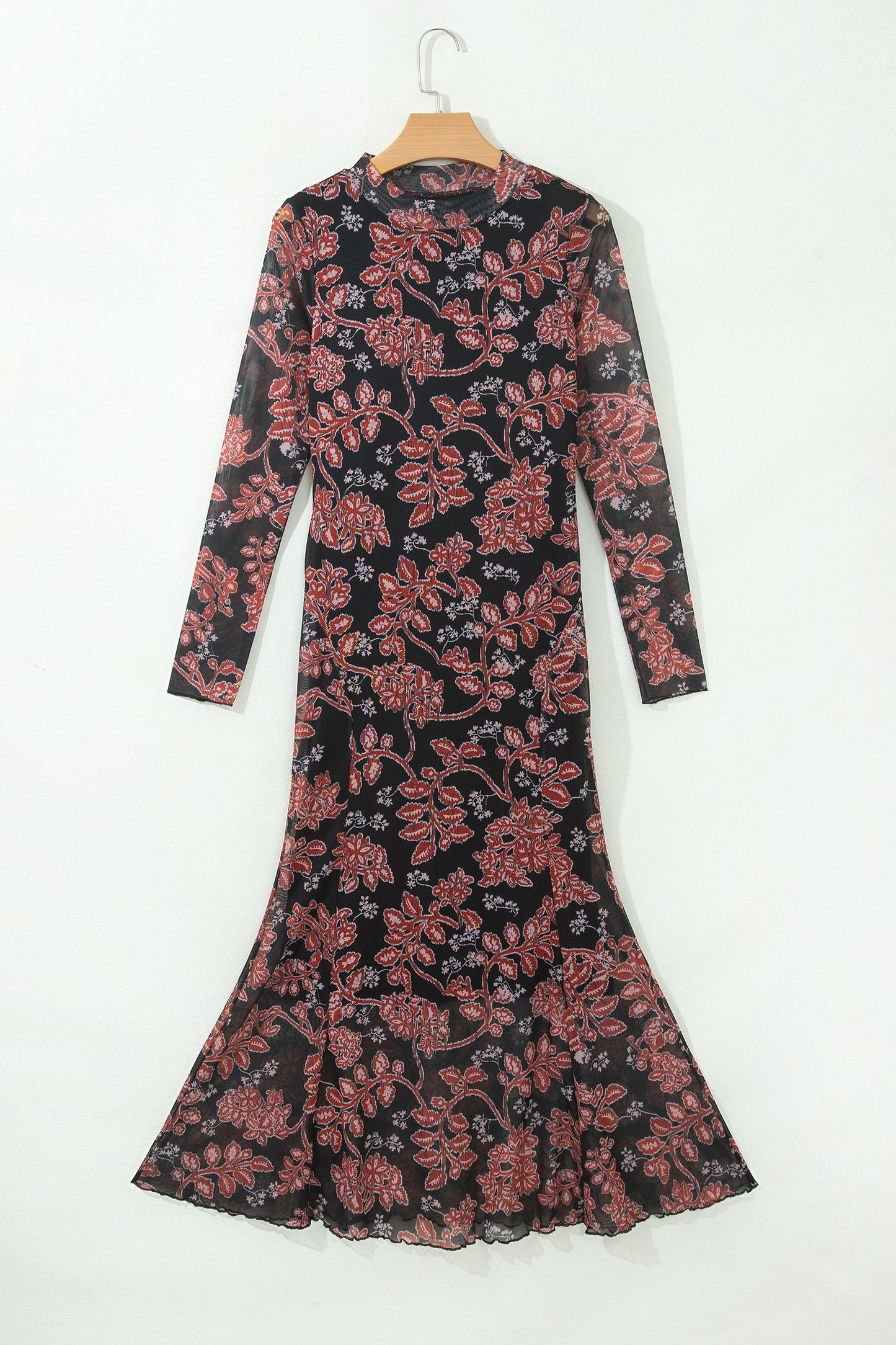 Black Retro Floral Print Long Sleeve Casual Mesh Dress-Dresses/Maxi Dresses-[Adult]-[Female]-2022 Online Blue Zone Planet
