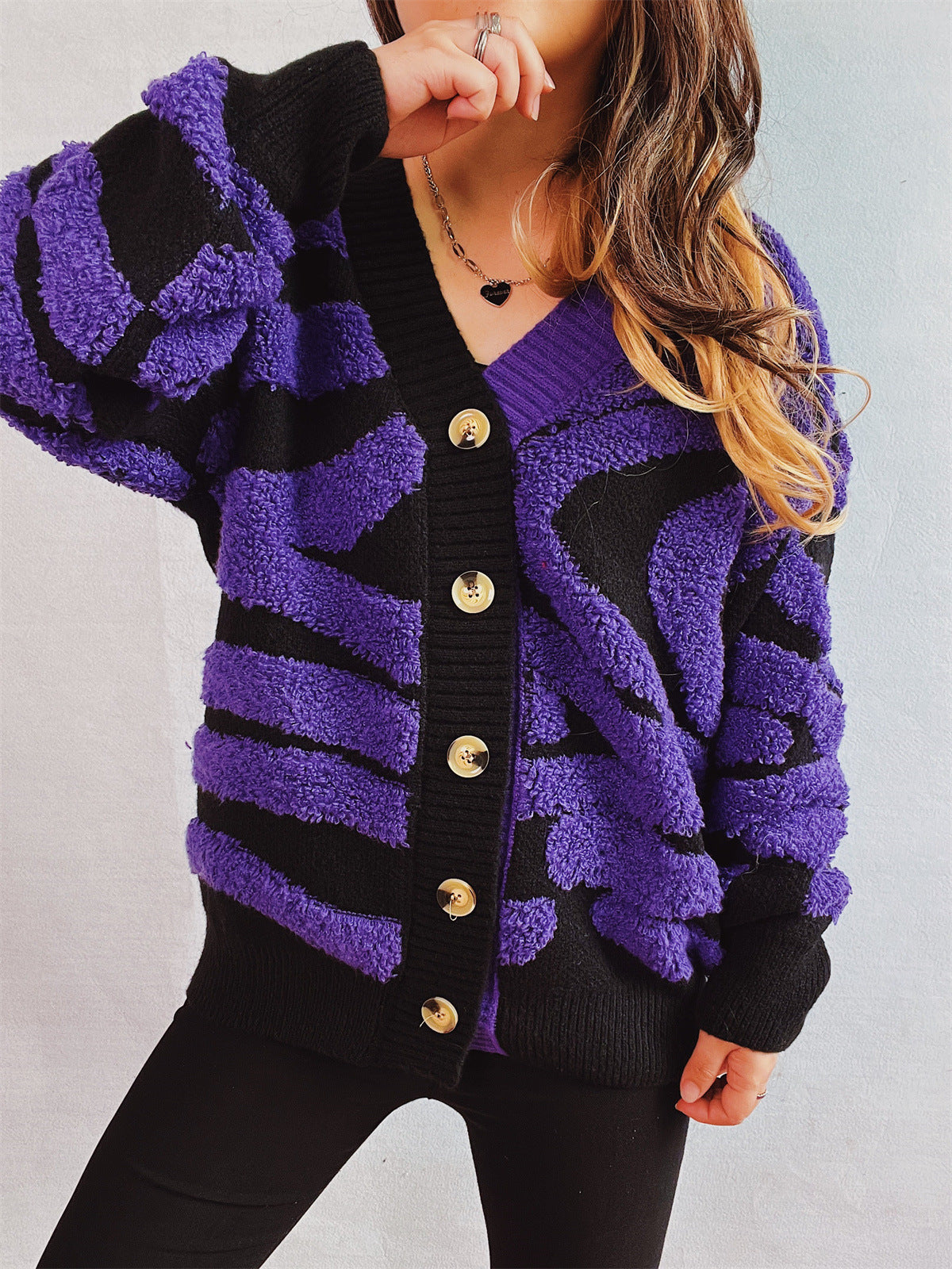 Blue Zone Planet | Contrast Button Up Long Sleeve Cardigan-TOPS / DRESSES-[Adult]-[Female]-Purple-One Size-2022 Online Blue Zone Planet