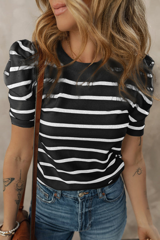White Stripe Ribbed Trim Round Neck Bubble Sleeve Knitted Top-Sweaters & Cardigans/Short Sleeve Sweaters-[Adult]-[Female]-White Stripe-S-2022 Online Blue Zone Planet