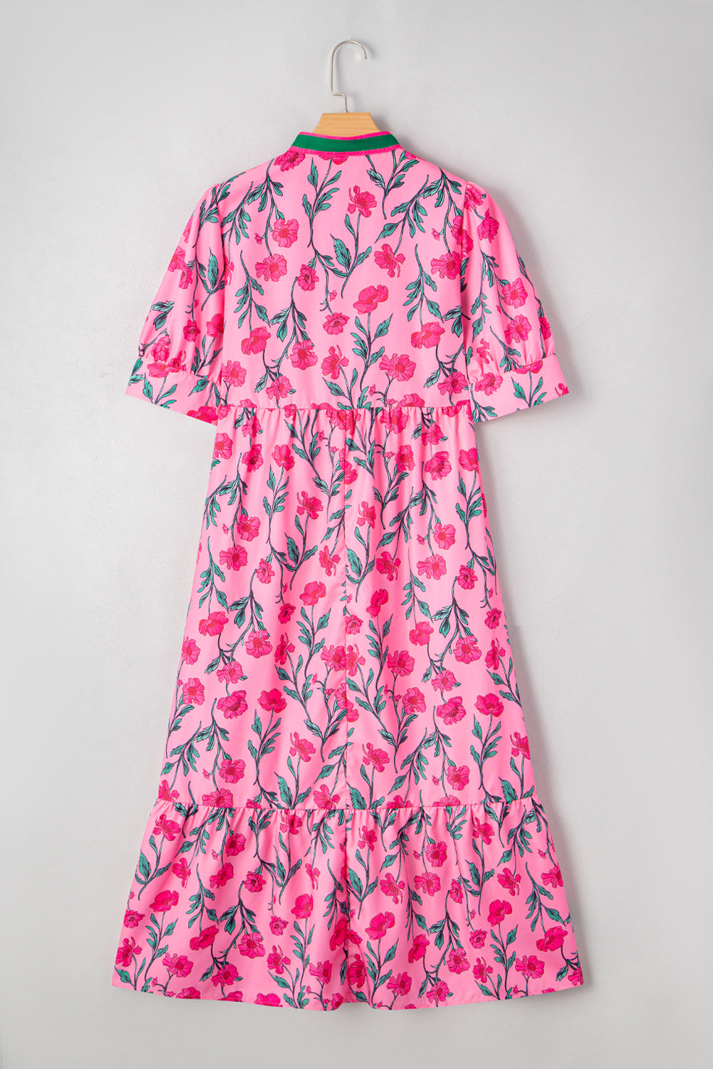 Pink Floral Contrast Neckline A-line Puff Sleeve Long Dress-Dresses/Maxi Dresses-[Adult]-[Female]-2022 Online Blue Zone Planet