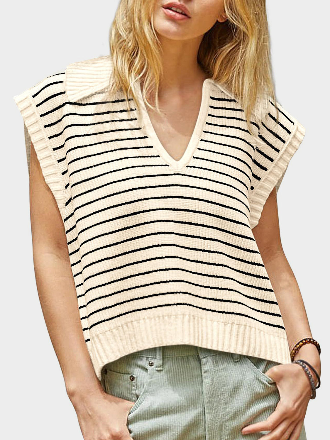 Blue Zone Planet | Mandy Collared Neck Striped Sweater Vest-TOPS / DRESSES-[Adult]-[Female]-2022 Online Blue Zone Planet