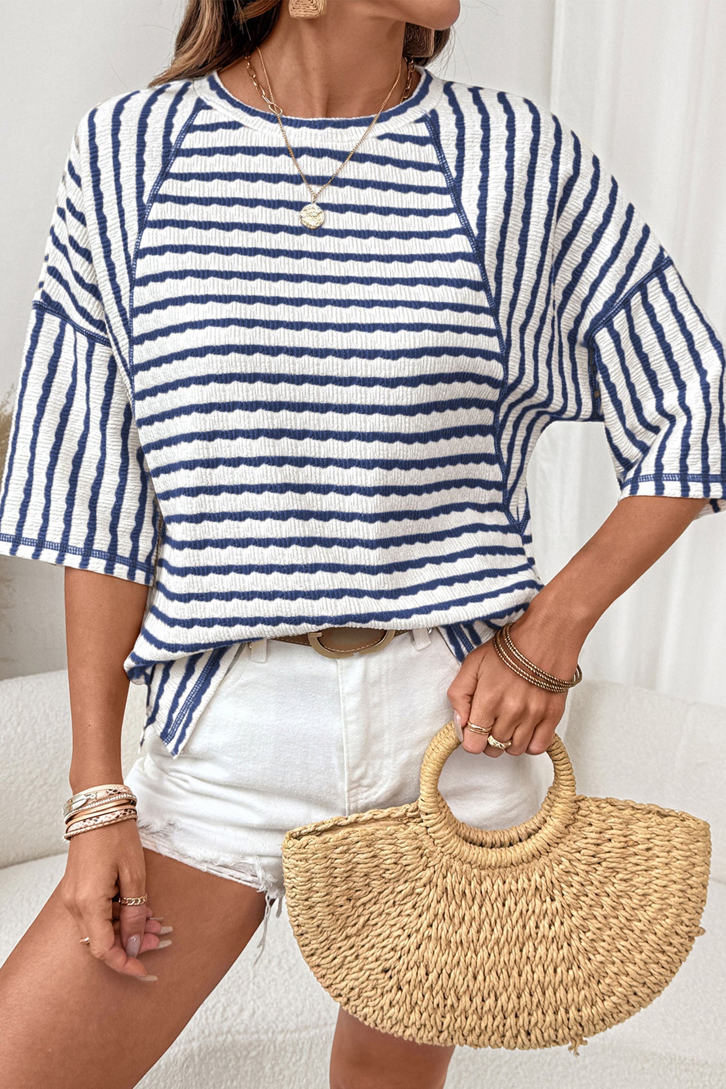 Blue Stripe Textured Knit Split Hem Half Sleeve Loose Top-Tops/Tops & Tees-[Adult]-[Female]-2022 Online Blue Zone Planet