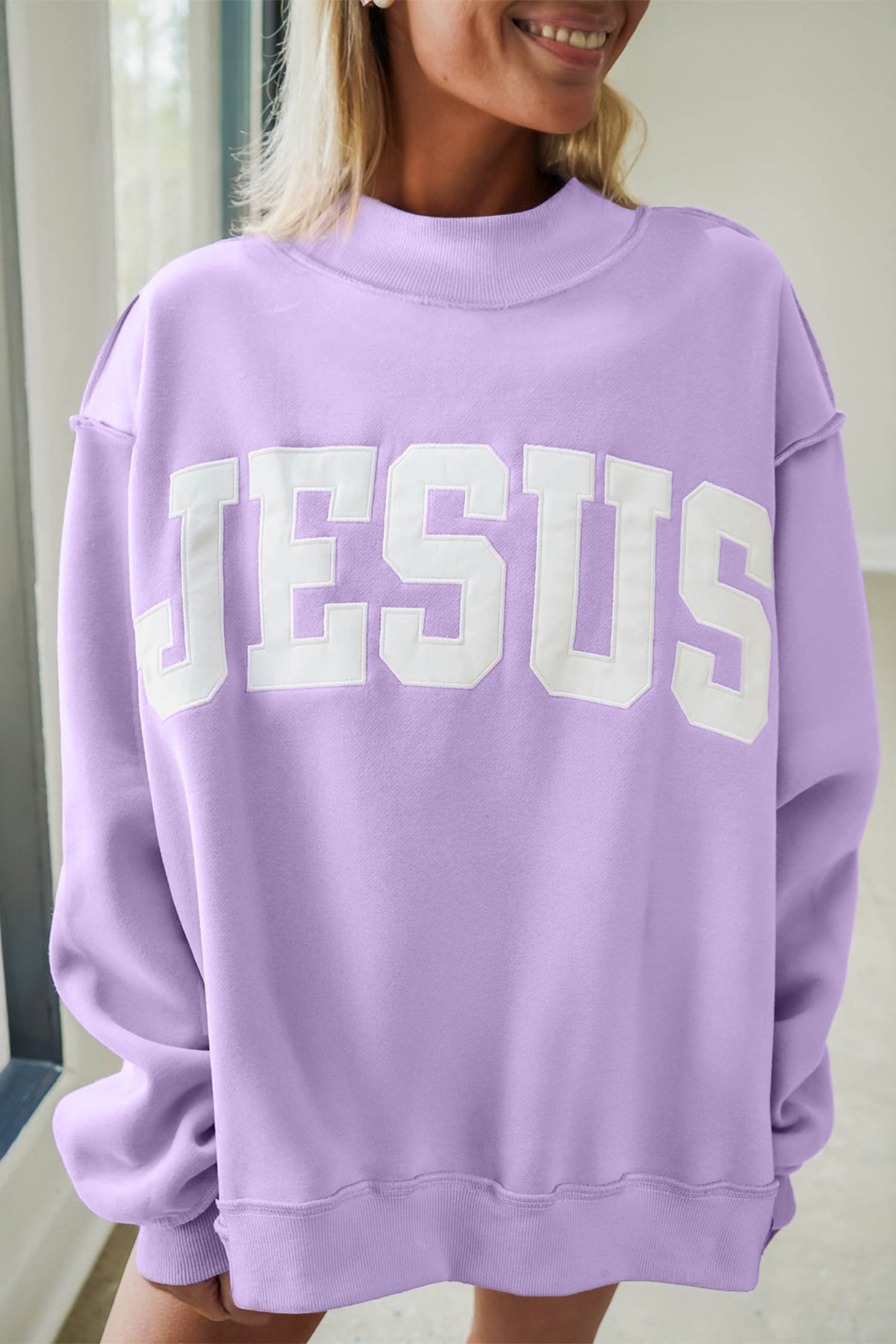 Meadow Mist Green JESUS Letter Patch Graphic Exposed Seam Mock Neck Baggy Sweatshirt