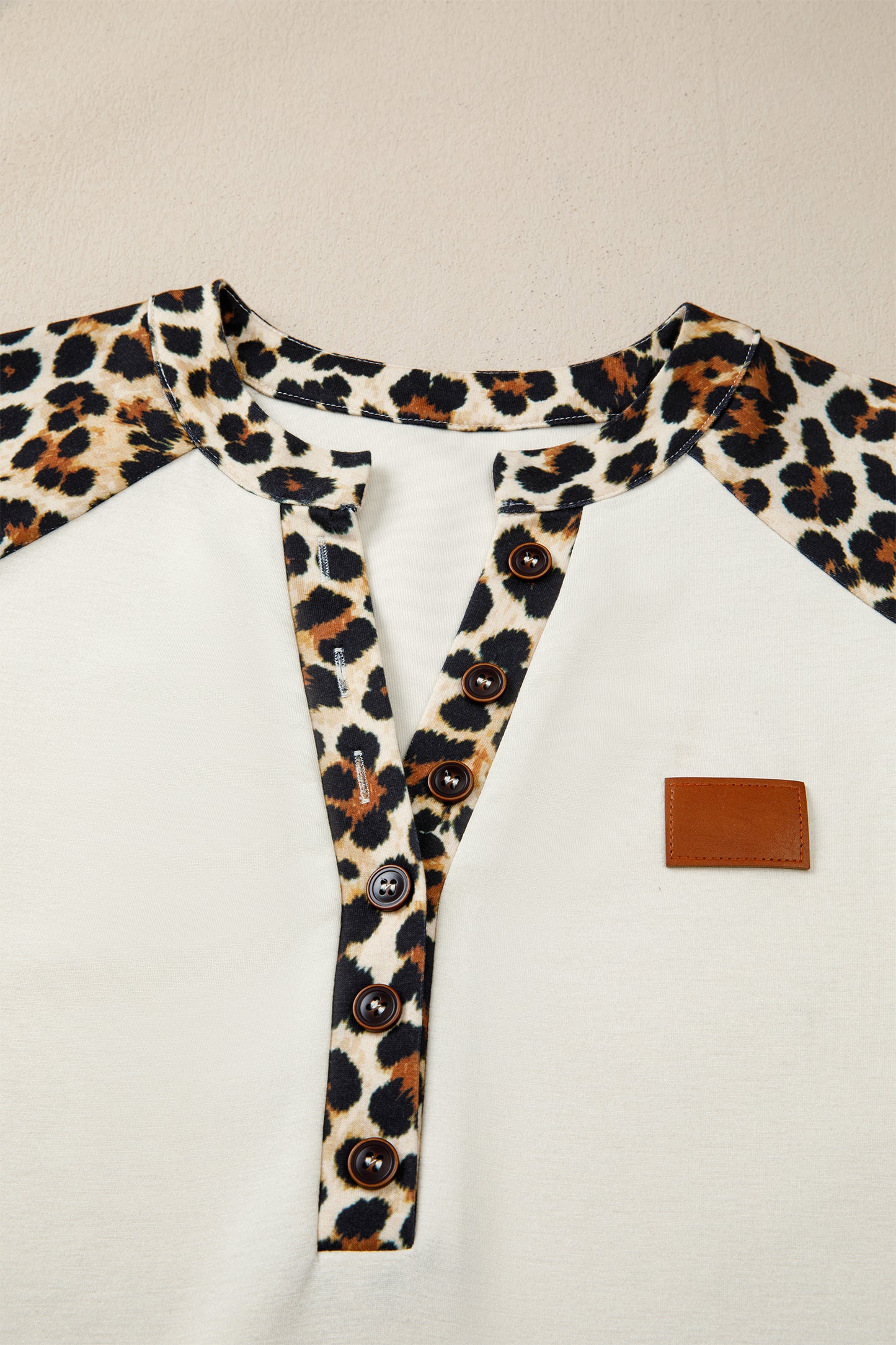 Beige Leopard Patchwork Half Button Short Sleeve Top-Tops/Tops & Tees-[Adult]-[Female]-2022 Online Blue Zone Planet