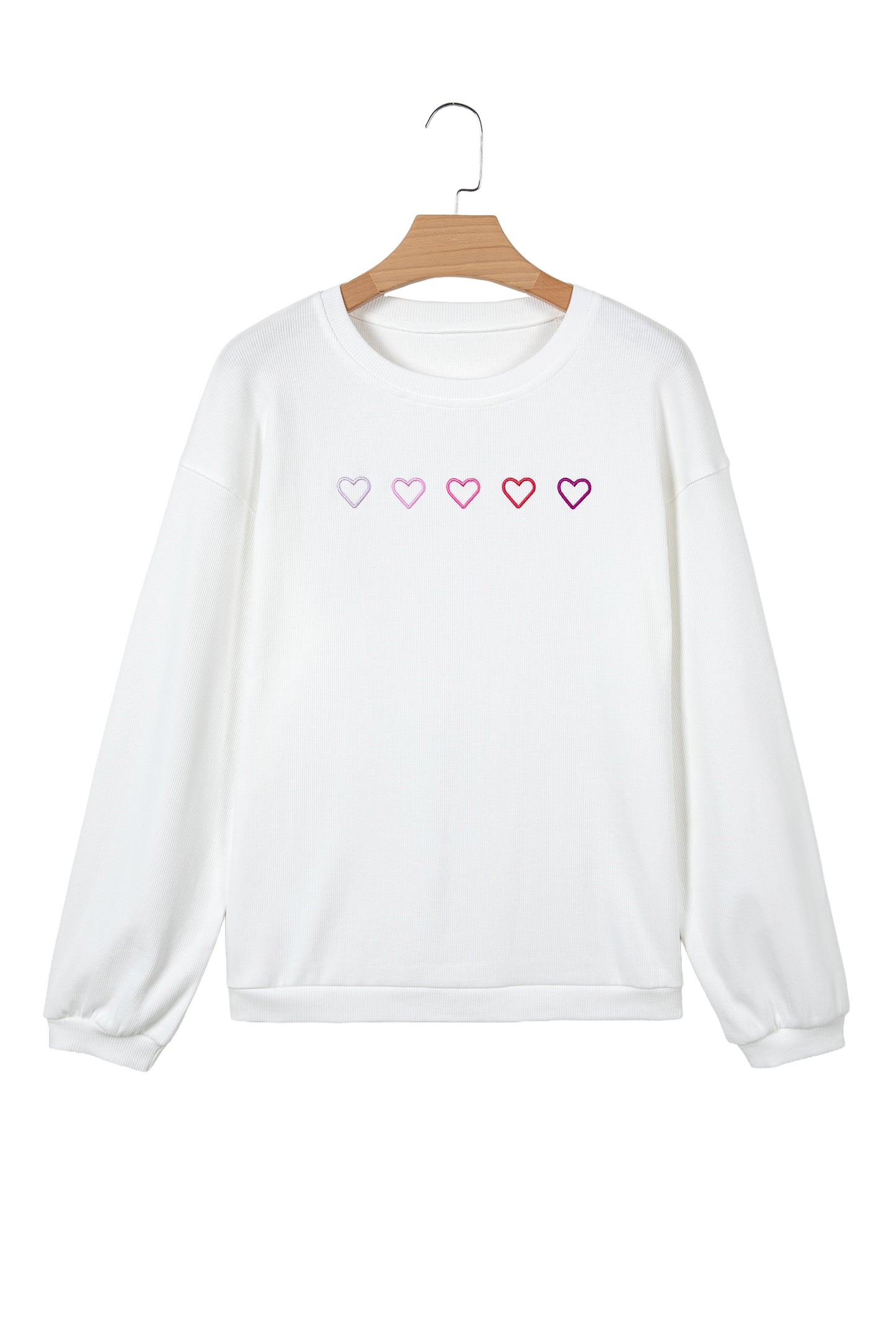 White 3d Ribbed XOXO Heart Embroidered Drop Shoulder Sweatshirt-Tops/Sweatshirts & Hoodies-[Adult]-[Female]-2022 Online Blue Zone Planet
