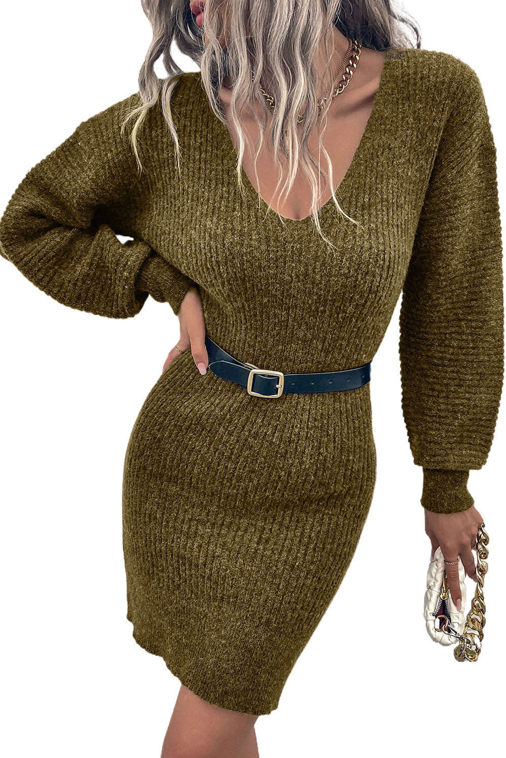Blue Zone Planet | Pink V Neck Bodycon Sweater Dress-TOPS / DRESSES-[Adult]-[Female]-2022 Online Blue Zone Planet
