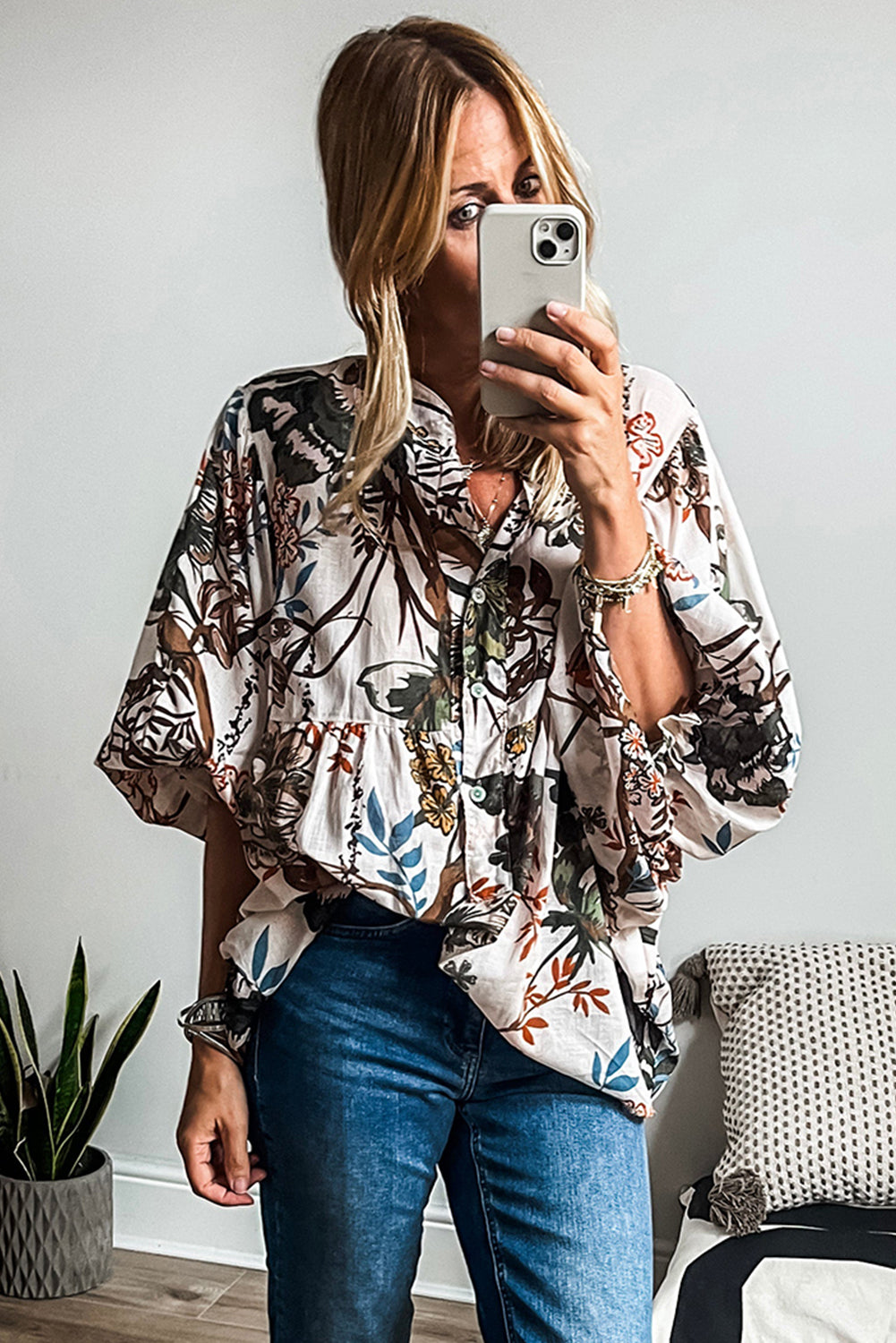 Blue Zone Planet | White Floral Print Balloon Sleeves Button Up Loose Casual Shirt-Tops/Blouses & Shirts-[Adult]-[Female]-2022 Online Blue Zone Planet