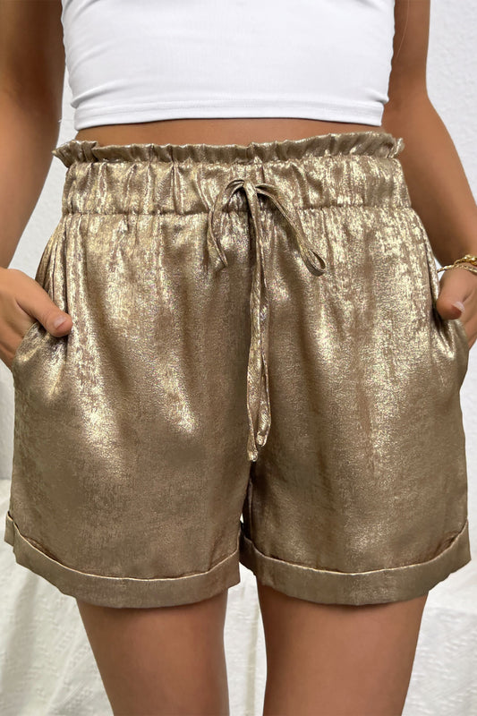 Gold Metallic Luster Tie Elastic Waist Cuffed Hem Shorts-Bottoms/Casual Shorts-[Adult]-[Female]-Gold-S-2022 Online Blue Zone Planet