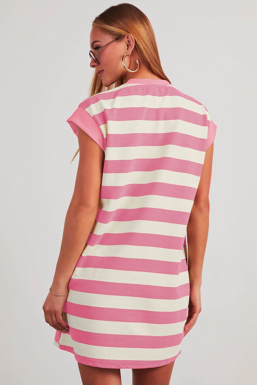 Pink Stripe Cap Sleeve Shift T Shirt Dress-TOPS / DRESSES-[Adult]-[Female]-2022 Online Blue Zone Planet