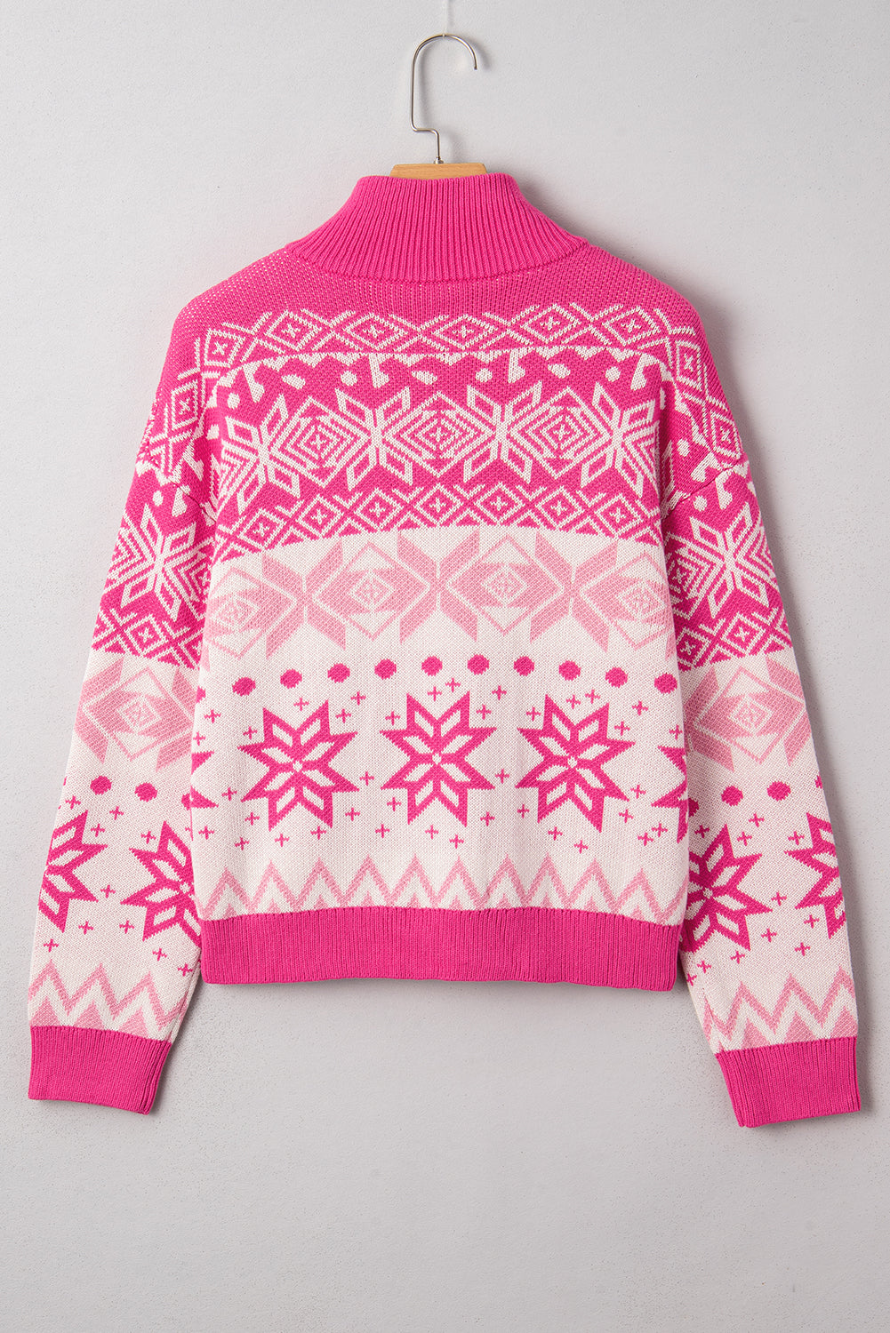 Rose Red Christmas Snowflake Quarter Zip Collard Sweater-Sweaters & Cardigans/Sweaters-[Adult]-[Female]-2022 Online Blue Zone Planet