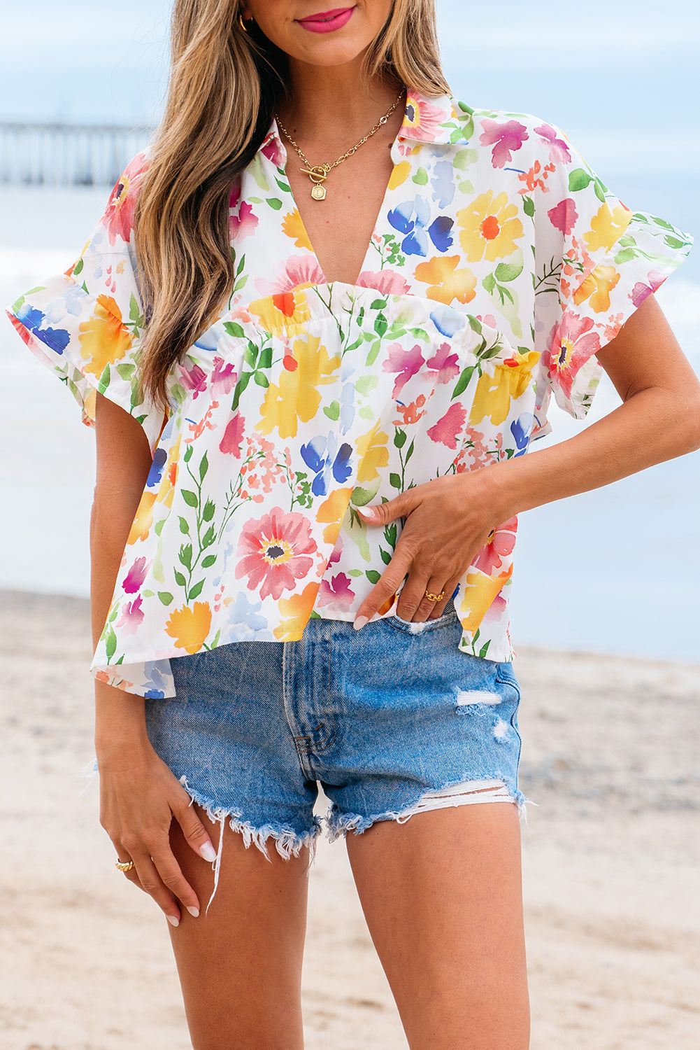 Yellow Floral Boxy Fit Ruffled Short Sleeve V Neck Blouse-Tops/Blouses & Shirts-[Adult]-[Female]-2022 Online Blue Zone Planet