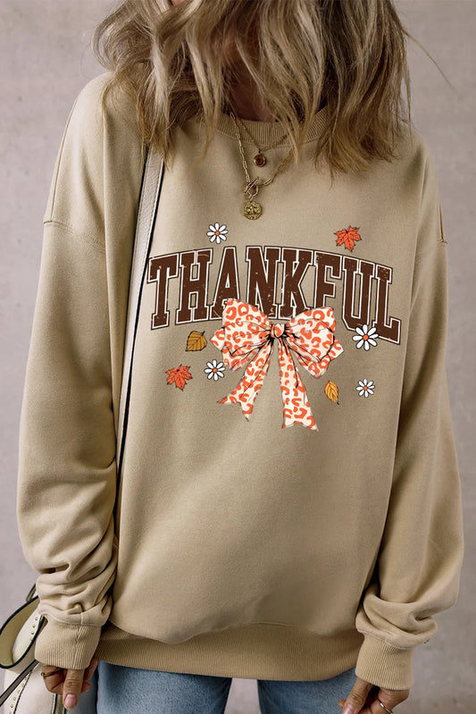 THANKFUL Bow Round Neck Long Sleeve Sweatshirt-TOPS / DRESSES-[Adult]-[Female]-Khaki-S-2022 Online Blue Zone Planet