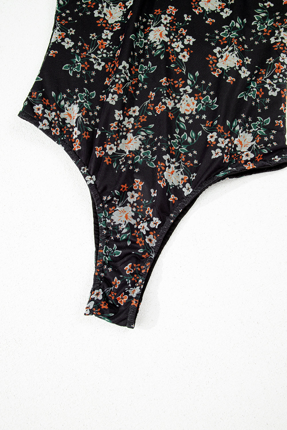 Black Floral Print U Neck Short Puff Sleeve Bodysuit-Tops/Bodysuits-[Adult]-[Female]-2022 Online Blue Zone Planet