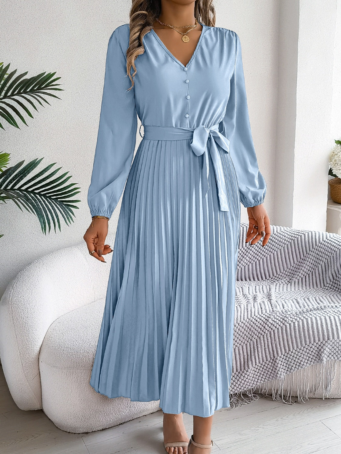 Pleated Tied V-Neck Long Sleeve Dress-TOPS / DRESSES-[Adult]-[Female]-2022 Online Blue Zone Planet