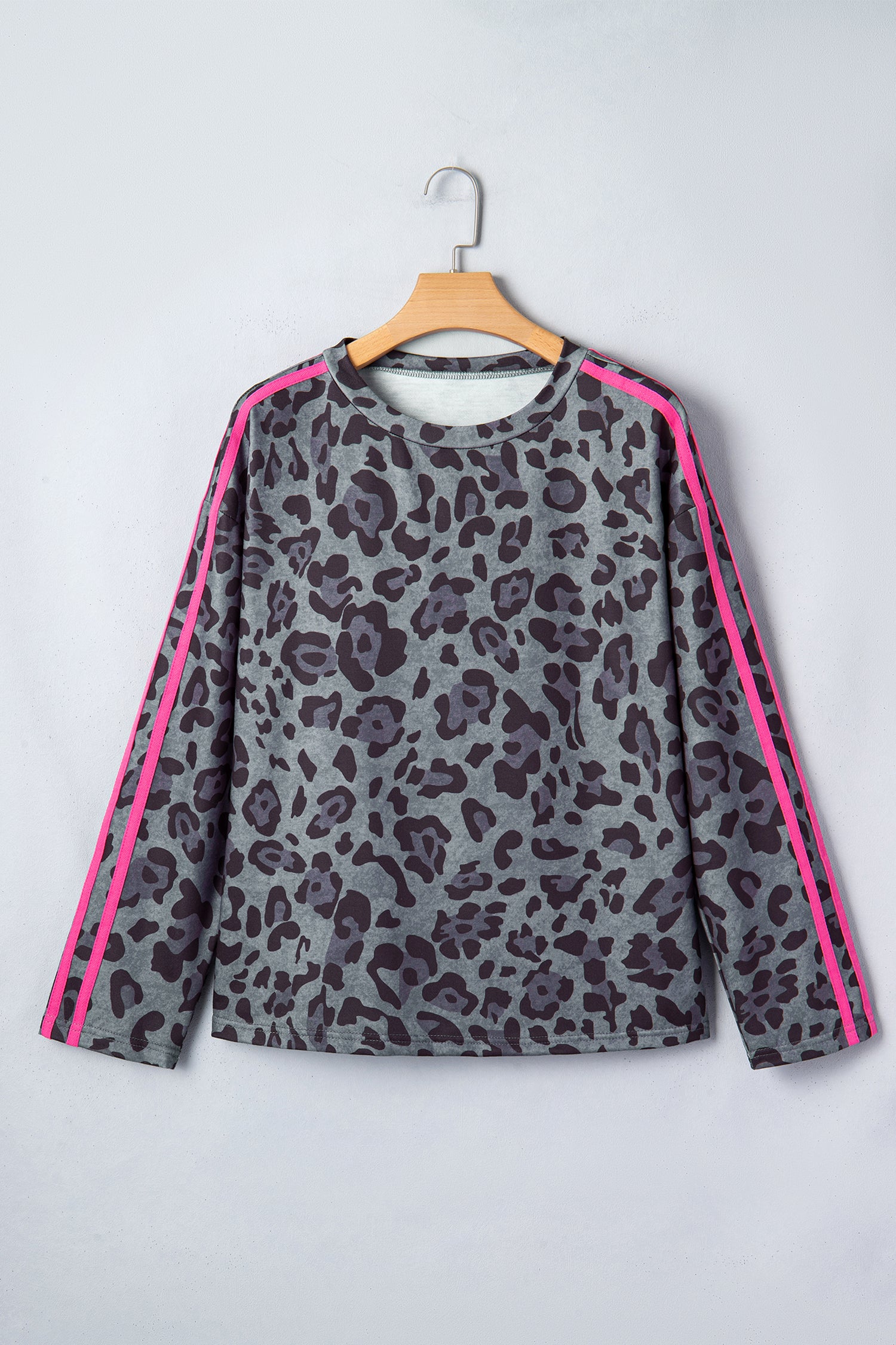 Gray Leopard Print Varsity Striped Trim Long Sleeve Top-Tops/Long Sleeve Tops-[Adult]-[Female]-2022 Online Blue Zone Planet