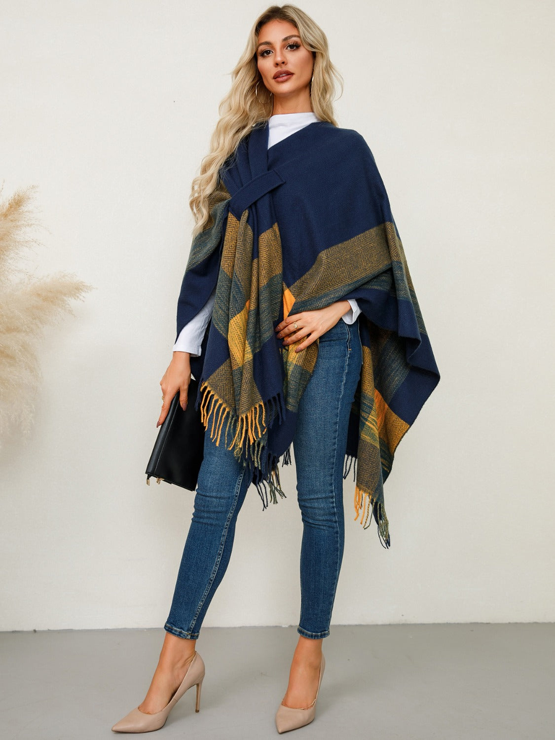 Fringe Contrast Plaid Poncho-TOPS / DRESSES-[Adult]-[Female]-2022 Online Blue Zone Planet