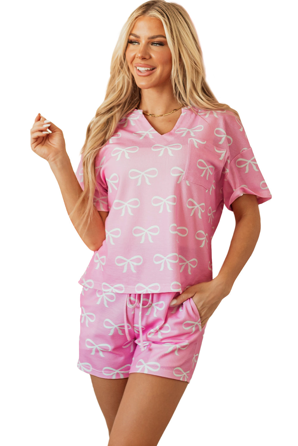 Blue Zone Planet | Pink Waffle Knit Bowknot Printed V Neck T Shirt And Shorts Set-Two Piece Shorts Sets-[Adult]-[Female]-2022 Online Blue Zone Planet