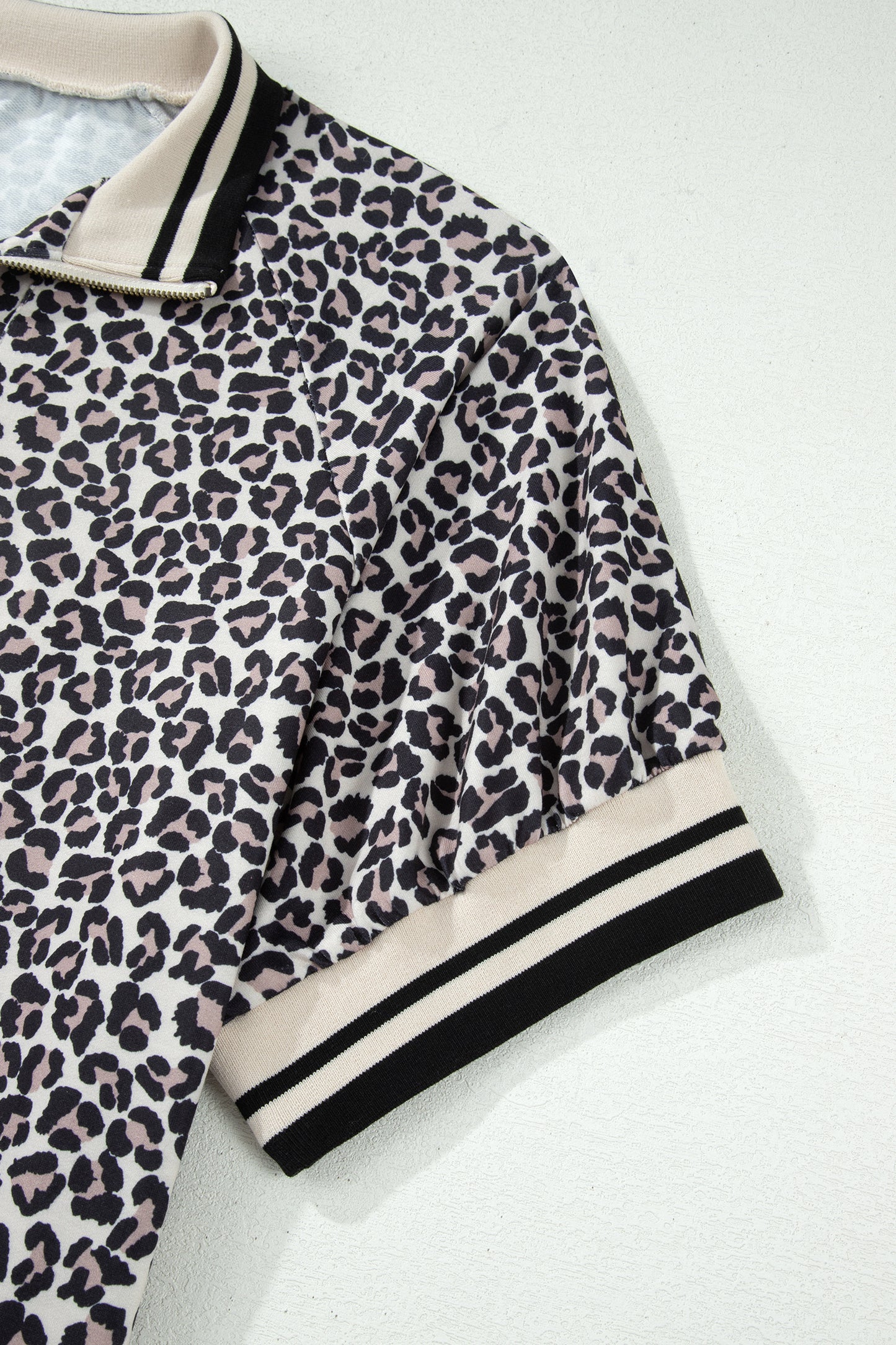 Brown Plus Size Leopard Print Striped Webbing Patchwork Half Zip Blouse-Plus Size/Plus Size Tops/Plus Size Blouses & Shirts-[Adult]-[Female]-2022 Online Blue Zone Planet