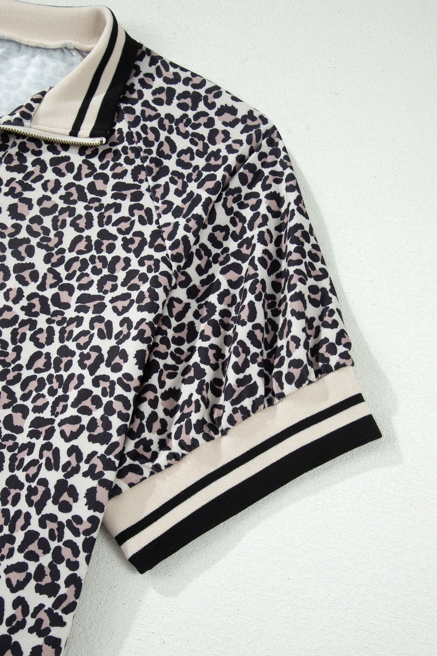 Brown Plus Size Leopard Print Striped Webbing Patchwork Half Zip Blouse-Plus Size/Plus Size Tops/Plus Size Blouses & Shirts-[Adult]-[Female]-2022 Online Blue Zone Planet