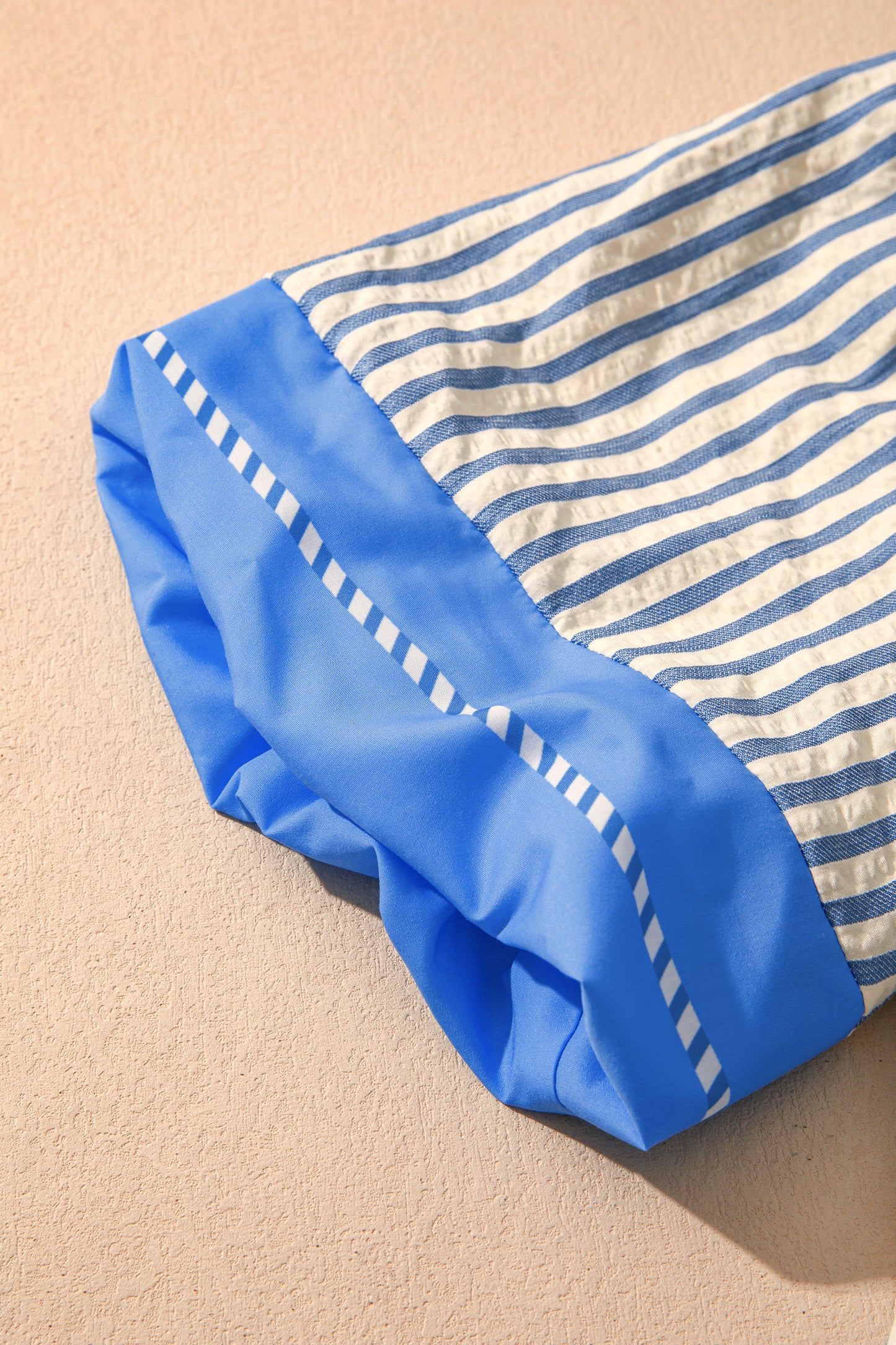 Sky Blue Stripe Color Block Detail V Neck Short Sleeve Blouse-Tops/Blouses & Shirts-[Adult]-[Female]-2022 Online Blue Zone Planet