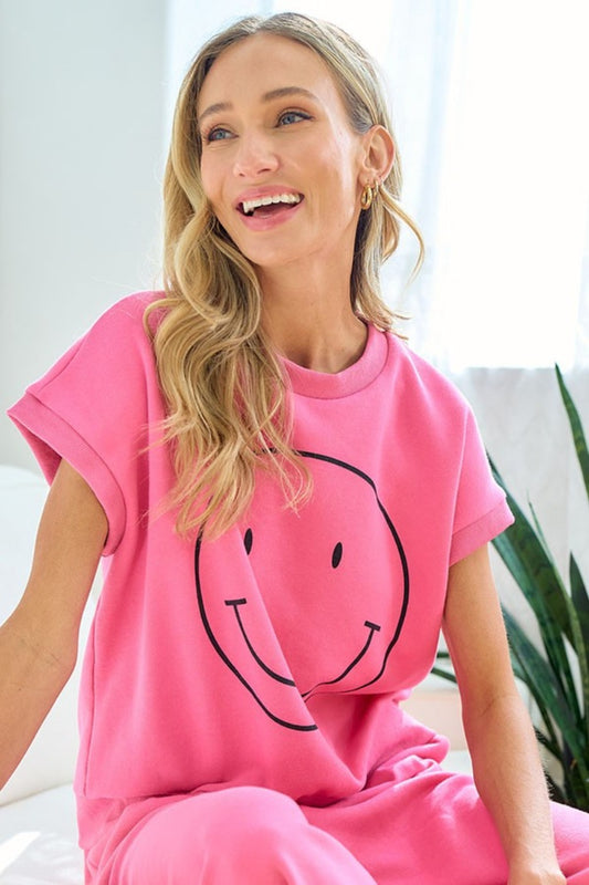 First Love Smile Face Drop Shoulder Brushed Inside T-Shirt-TOPS / DRESSES-[Adult]-[Female]-Pink-S-2022 Online Blue Zone Planet