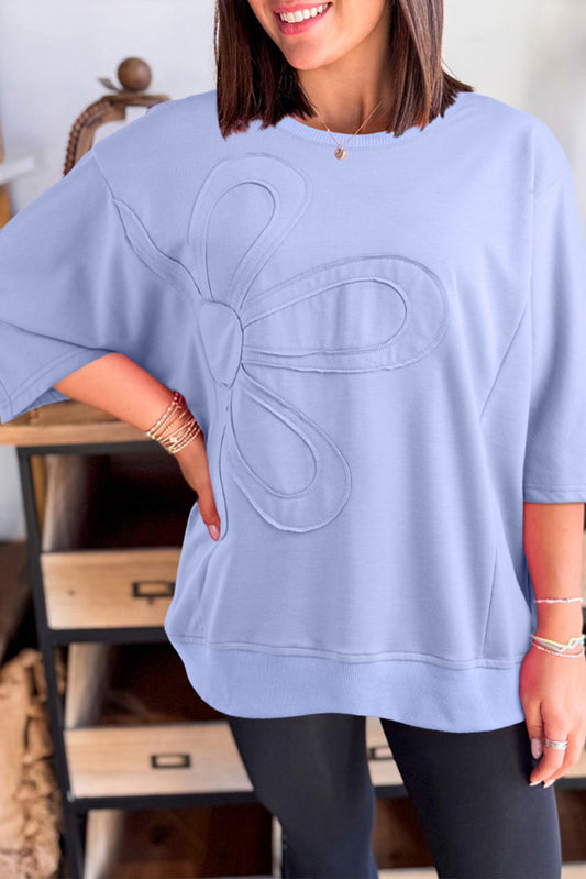 Beau Blue Floral Patched Half Sleeve Tunic Top-Tops/Tops & Tees-[Adult]-[Female]-2022 Online Blue Zone Planet