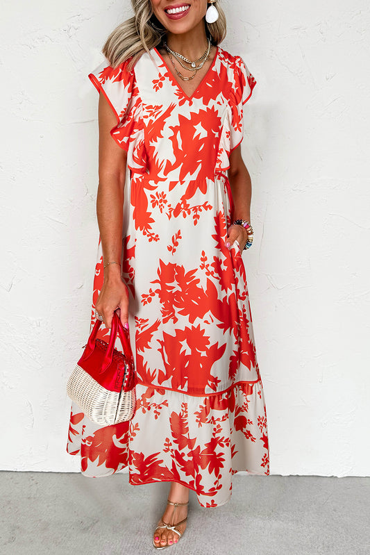 Red Floral Print Trimmed V Neck Ruffle Sleeve Maxi Dress-Maxi Dresses-[Adult]-[Female]-Red-L-2022 Online Blue Zone Planet