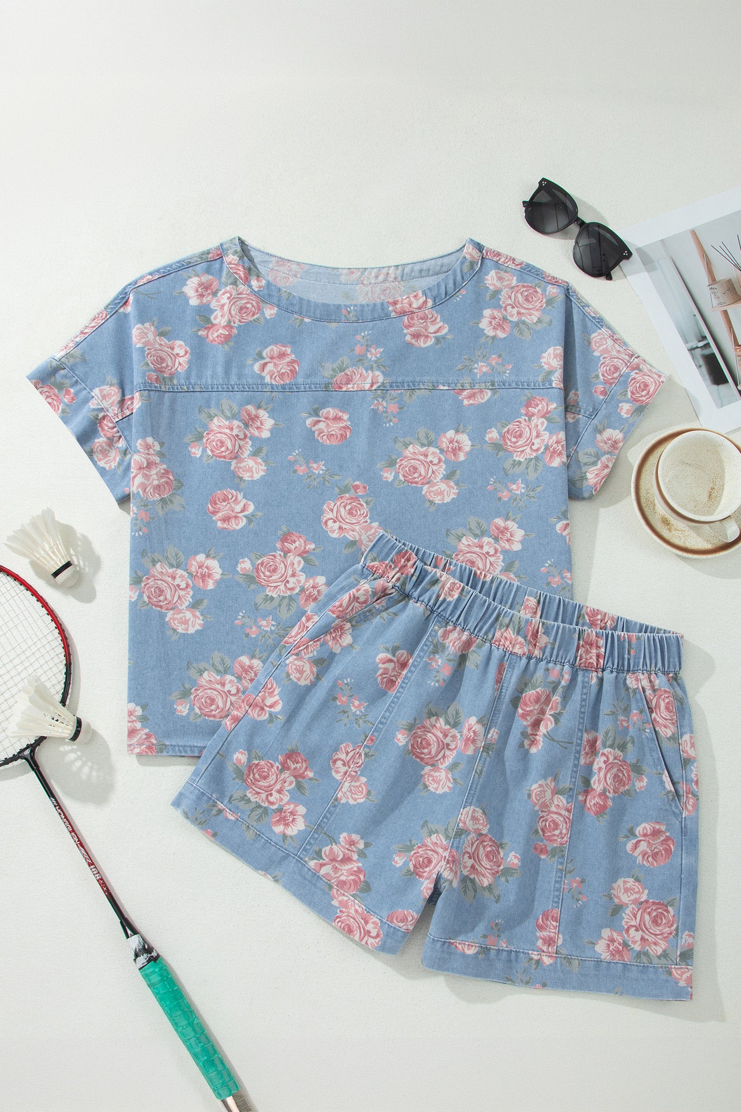 Sky Blue Floral Denim Short Sleeve Top Loose Shorts 2pcs Set-Two Piece Sets/Short Sets-[Adult]-[Female]-2022 Online Blue Zone Planet