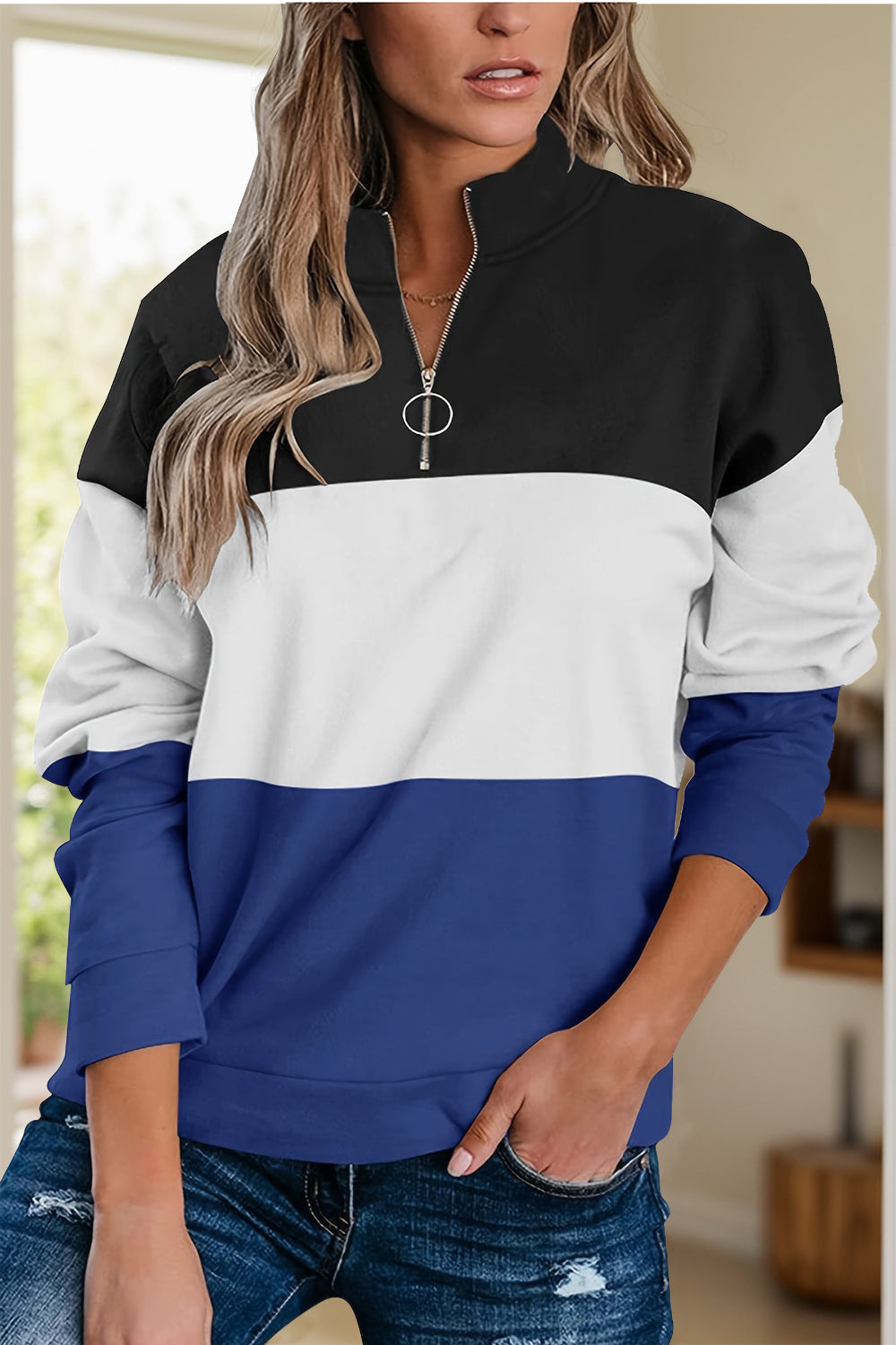 Full Size Color Block Quarter Zip Long Sleeve Sweatshirt-TOPS / DRESSES-[Adult]-[Female]-Navy-S-2022 Online Blue Zone Planet