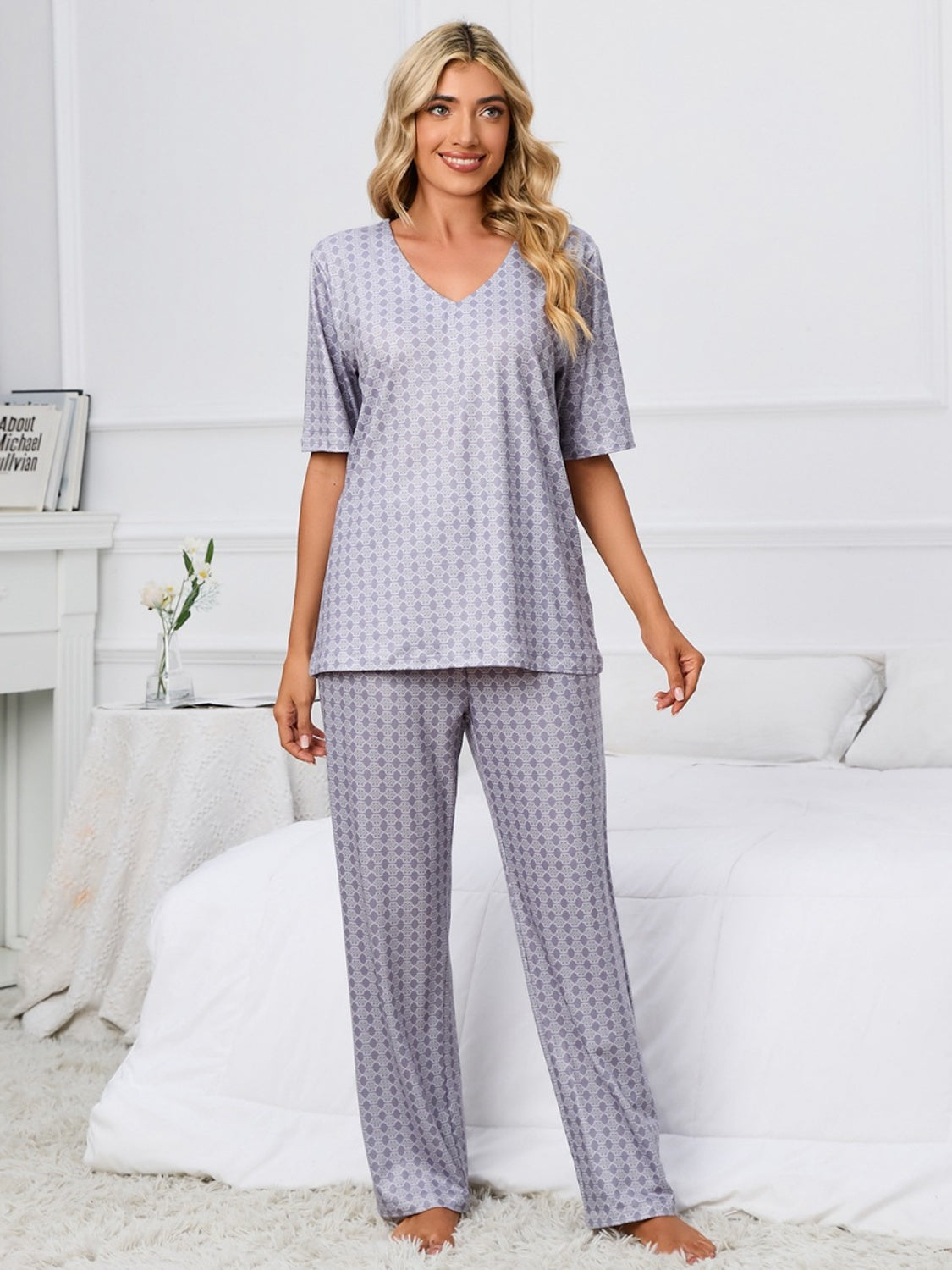 Blue Zone Planet | Printed V-Neck Top and Pants Lounge Set-TOPS / DRESSES-[Adult]-[Female]-2022 Online Blue Zone Planet