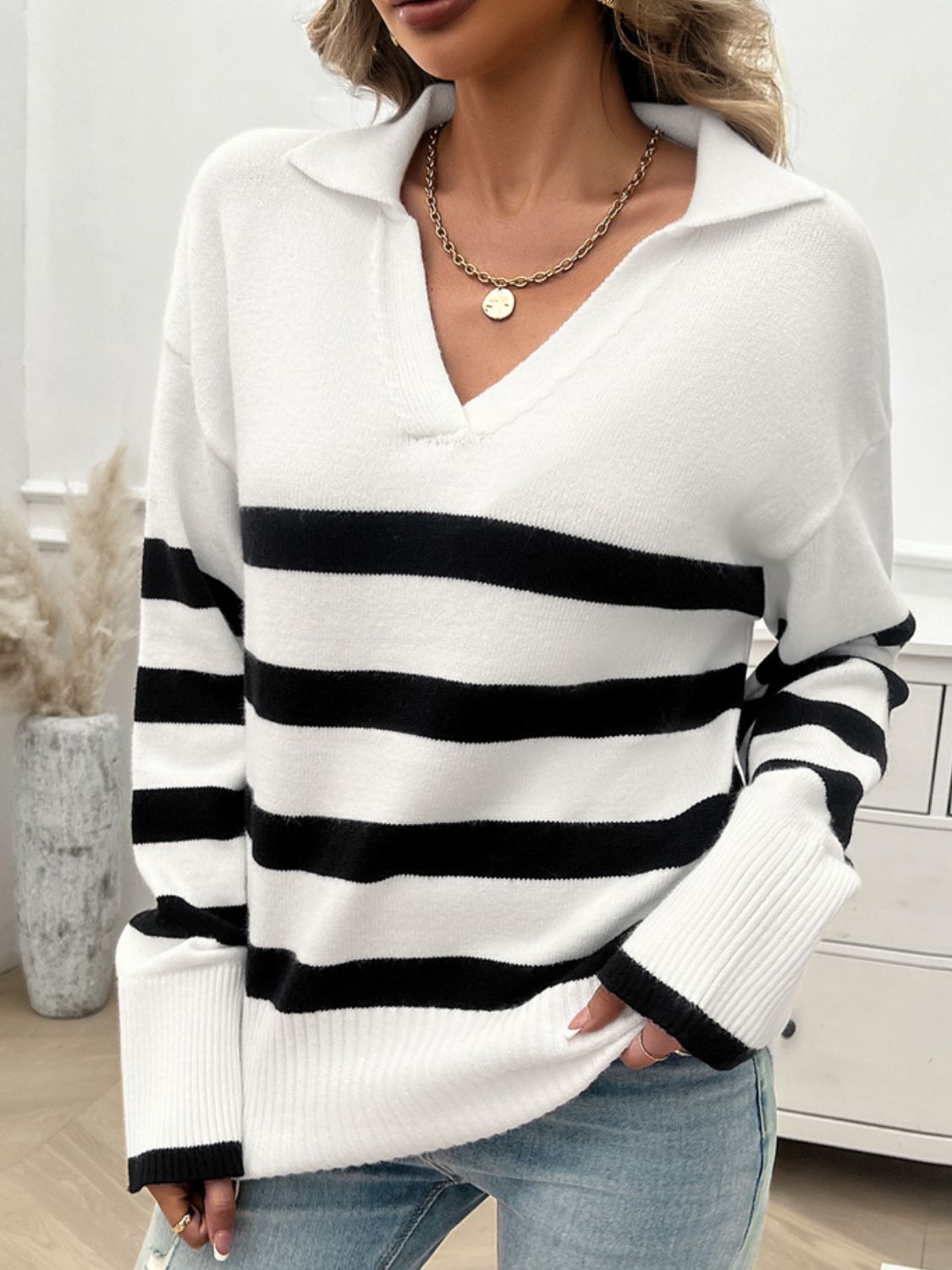 Striped Collared Neck Long Sleeve Sweater-TOPS / DRESSES-[Adult]-[Female]-2022 Online Blue Zone Planet