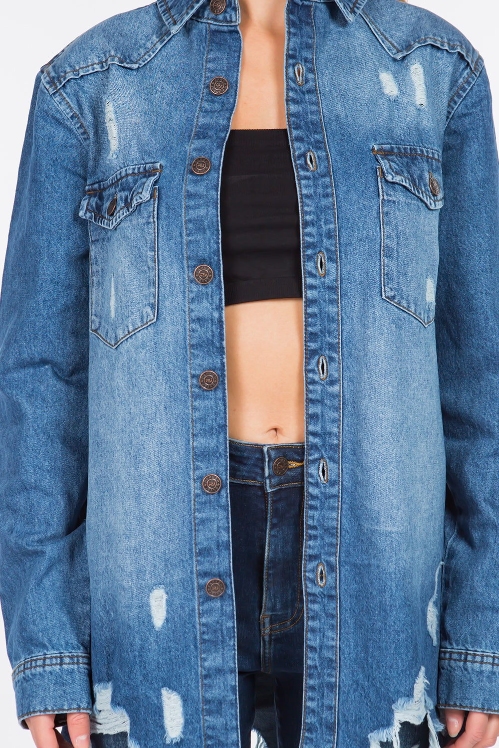 Blue Zone Planet | American Bazi Distressed Frayed Hem Denim Jacket-TOPS / DRESSES-[Adult]-[Female]-2022 Online Blue Zone Planet