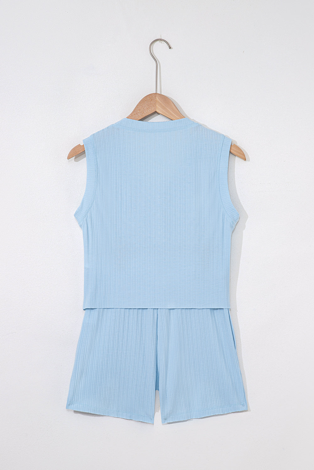 Beau Blue Ribbed Button V Neck Tank Top and Shorts Set-Two Piece Sets/Short Sets-[Adult]-[Female]-2022 Online Blue Zone Planet