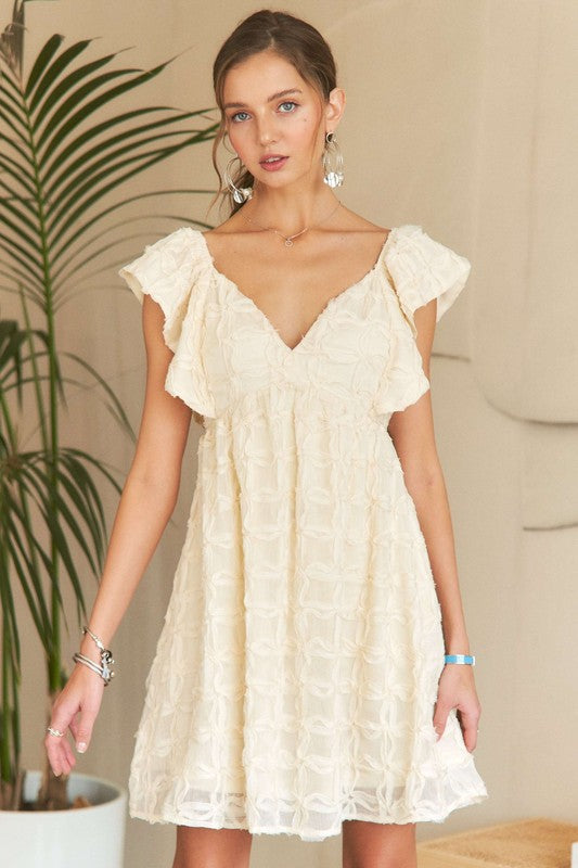 ADORA Tie Back V-Neck Ruffle Sleeve Dress-TOPS / DRESSES-[Adult]-[Female]-Ivory-S-2022 Online Blue Zone Planet