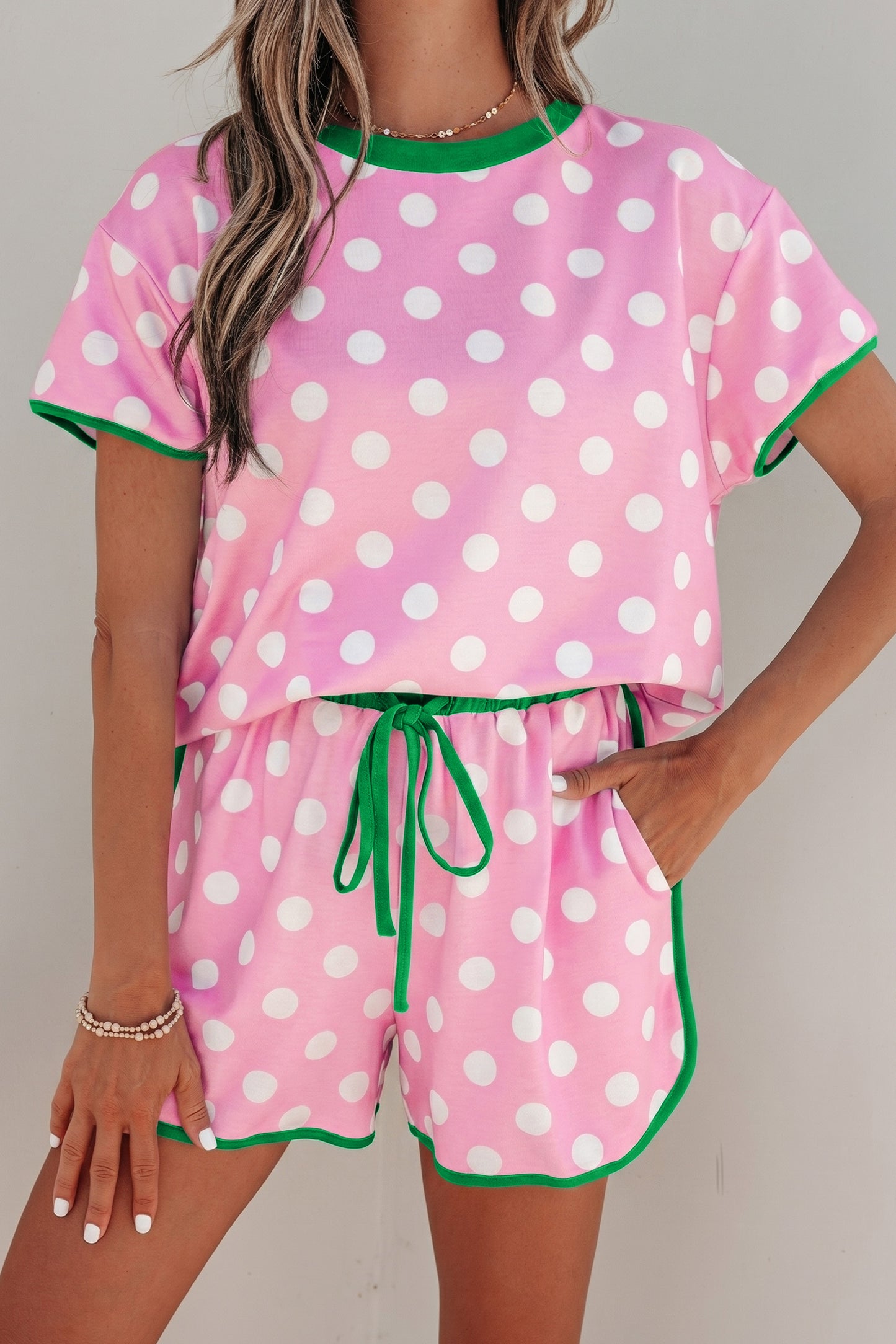Pink Polka Dot Contrast Edge Casual Short Set-Two Piece Sets/Short Sets-[Adult]-[Female]-2022 Online Blue Zone Planet