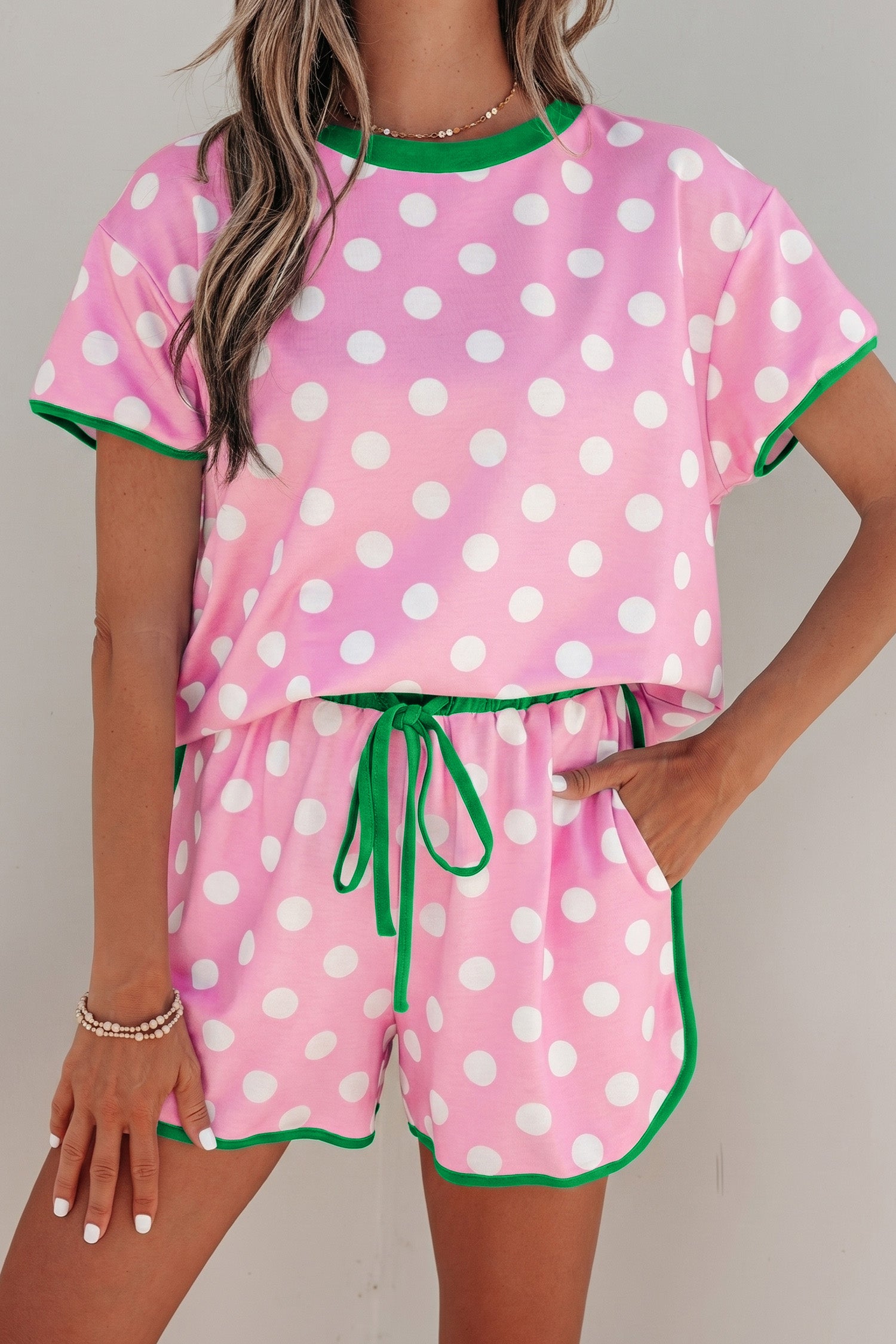 Pink Polka Dot Contrast Edge Casual Short Set-Two Piece Sets/Short Sets-[Adult]-[Female]-2022 Online Blue Zone Planet