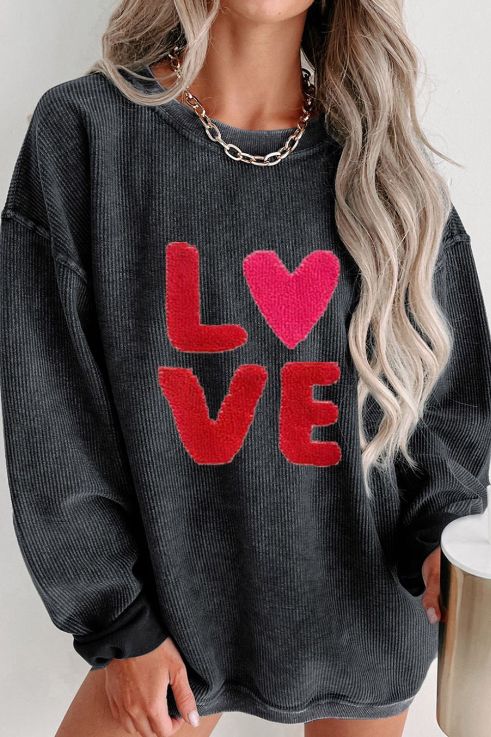 Blue Zone Planet | Valentine’s Day LOVE Round Neck Long Sleeve Sweatshirt-TOPS / DRESSES-[Adult]-[Female]-2022 Online Blue Zone Planet