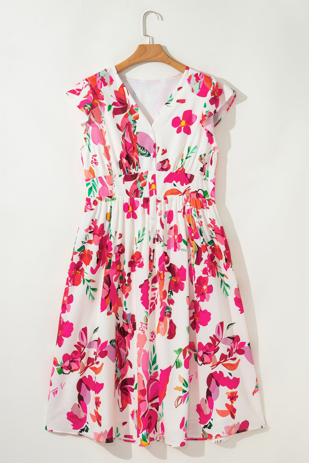 Pink Floral Print V Neck Ruffle Sleeve Plus Size Midi Dress-TOPS / DRESSES-[Adult]-[Female]-2022 Online Blue Zone Planet