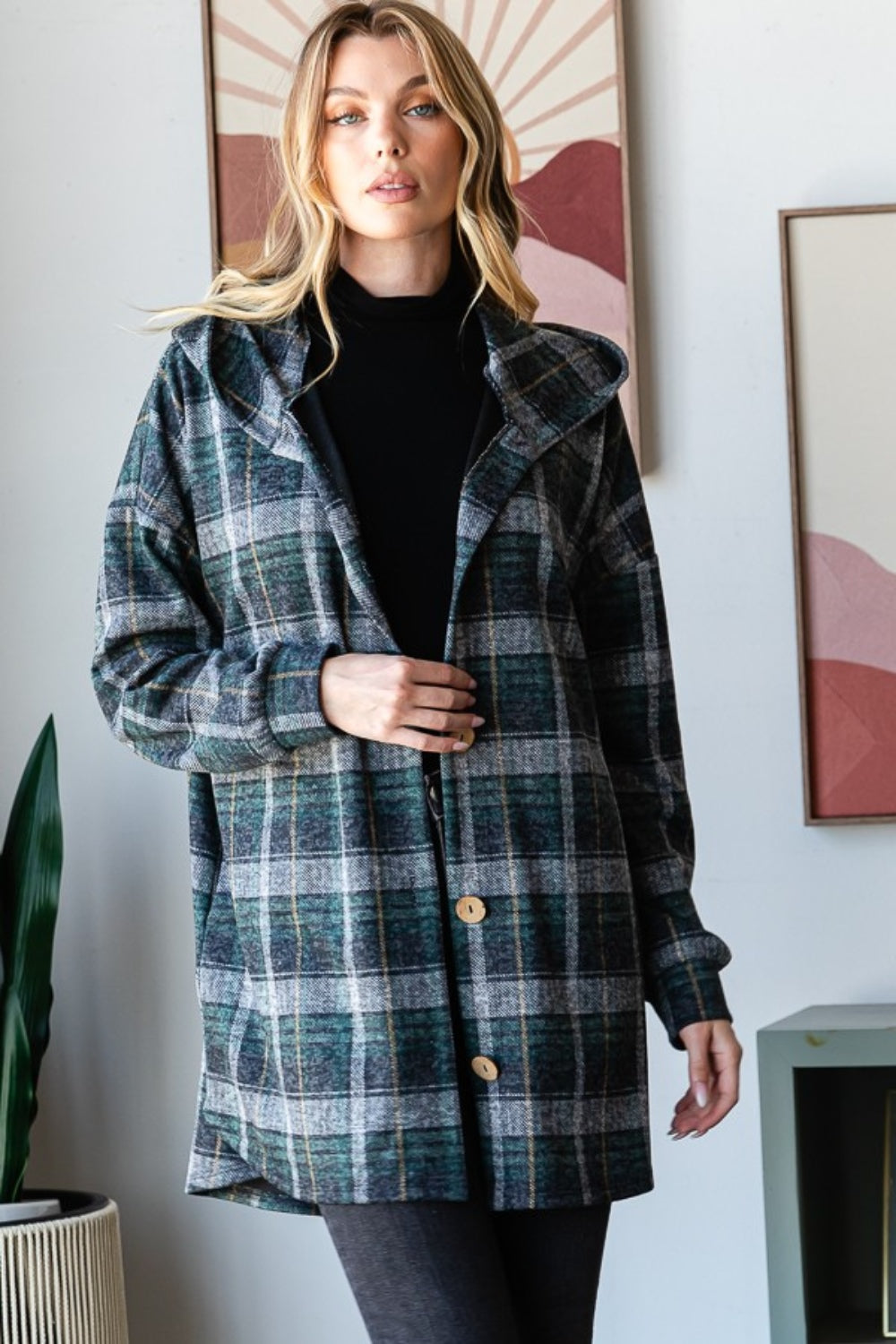 Blue Zone Planet | Heimish Plaid Button Down Long Sleeve Hooded Cardigan-TOPS / DRESSES-[Adult]-[Female]-Hunter Green Multi-S-2022 Online Blue Zone Planet