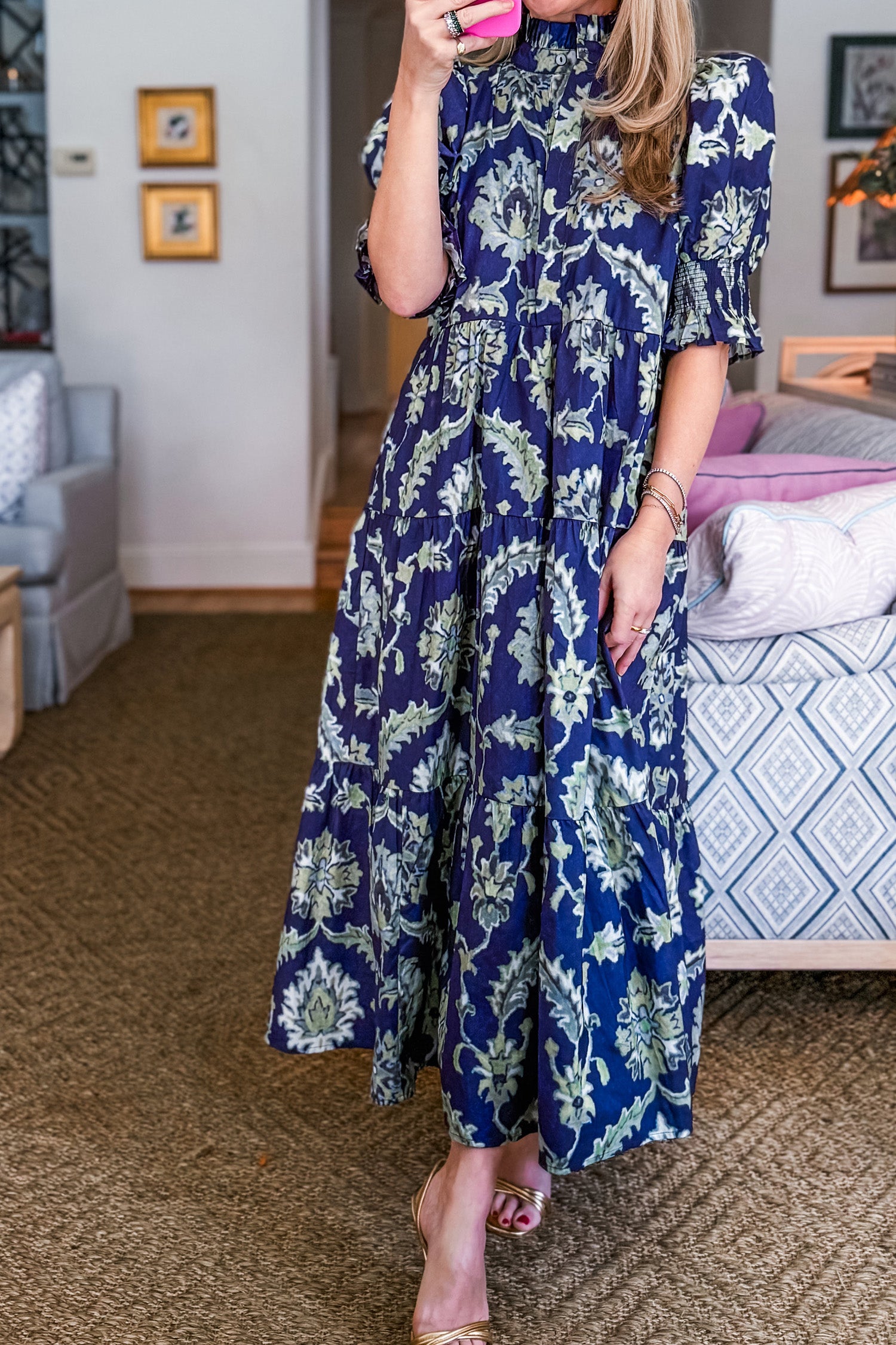 Blue Wild Floral Print Frilled Collar Half Sleeve Long Dress-TOPS / DRESSES-[Adult]-[Female]-2022 Online Blue Zone Planet