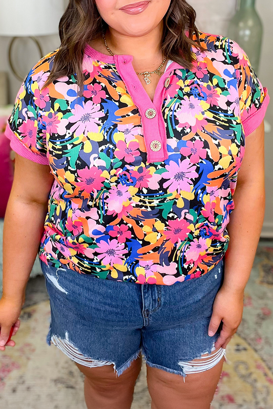 Rose Floral Short Sleeve Contrast Edge Plus Size Henley Top-Plus Size/Plus Size Tops/Plus Size Blouses & Shirts-[Adult]-[Female]-Rose-1X-2022 Online Blue Zone Planet