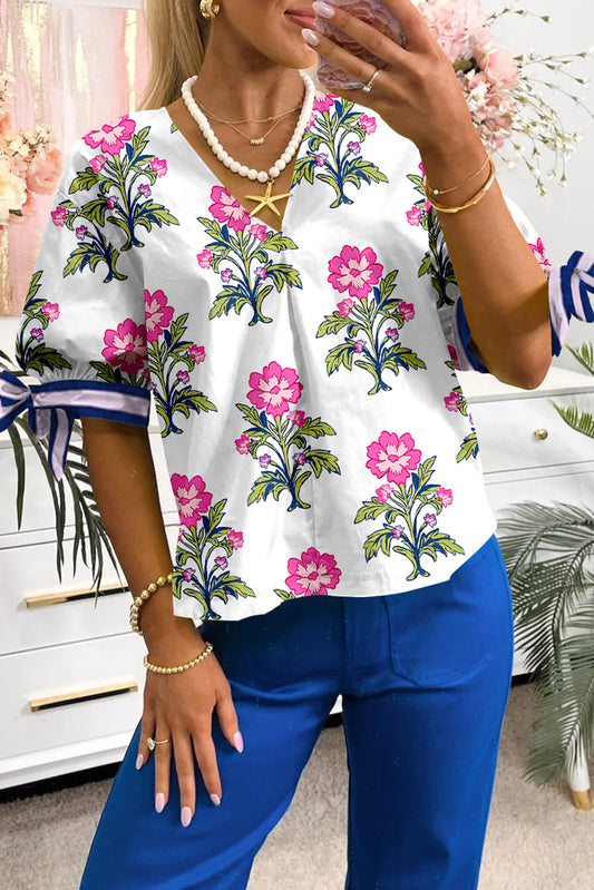 White Floral Colorblock Stripe Knot Bubble Sleeve V Neck Blouse-Tops/Blouses & Shirts-[Adult]-[Female]-White-S-2022 Online Blue Zone Planet
