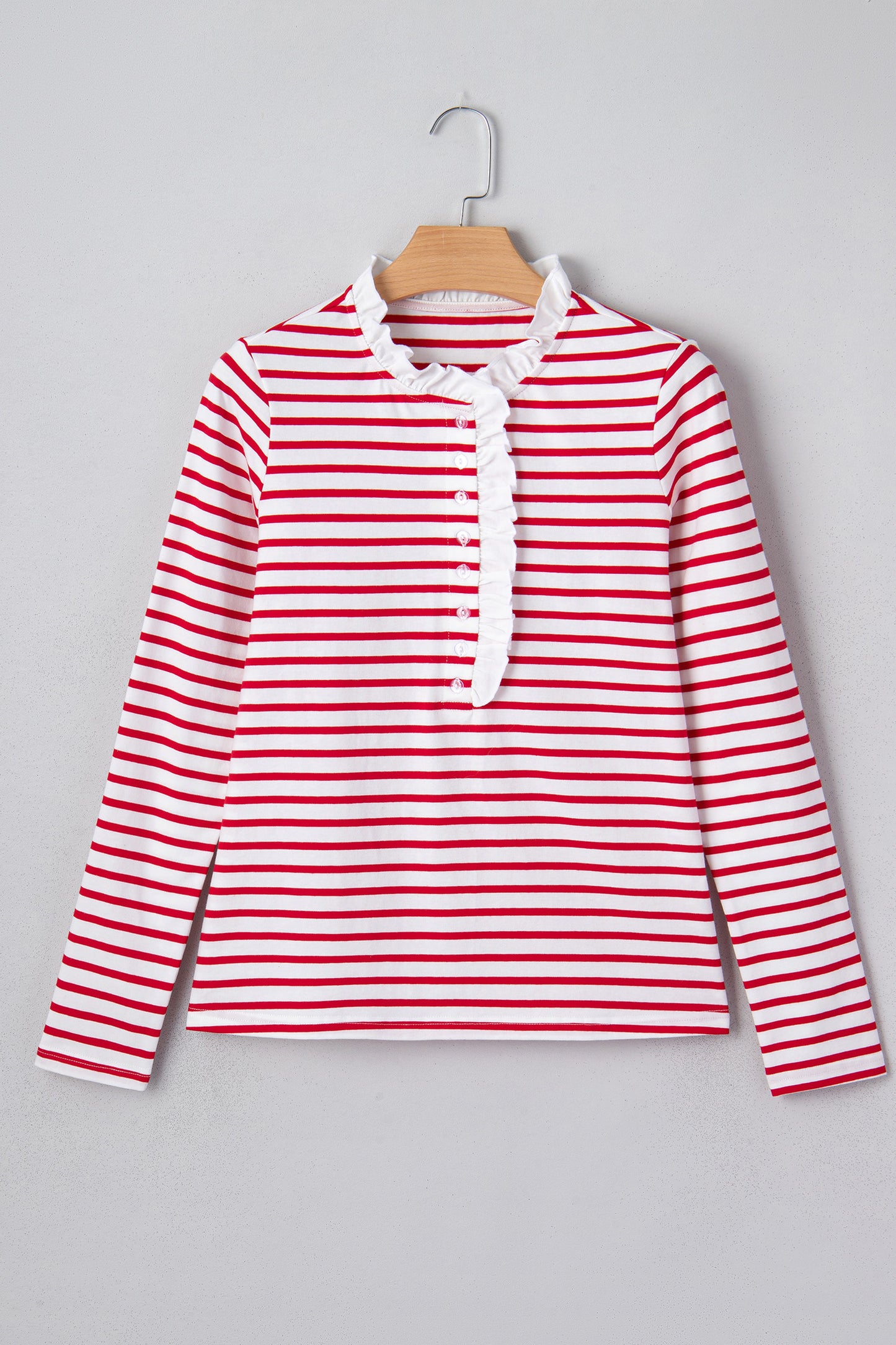 Red Stripe Contrast Frilled Trim Half Button Long Sleeve Top-Tops/Long Sleeve Tops-[Adult]-[Female]-2022 Online Blue Zone Planet