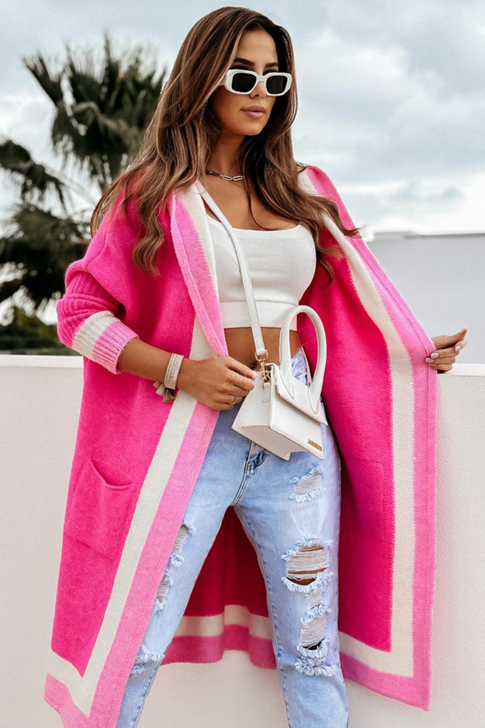 Pocketed Contrast Long Sleeve Hooded Cardigan-TOPS / DRESSES-[Adult]-[Female]-Hot Pink-One Size-2022 Online Blue Zone Planet