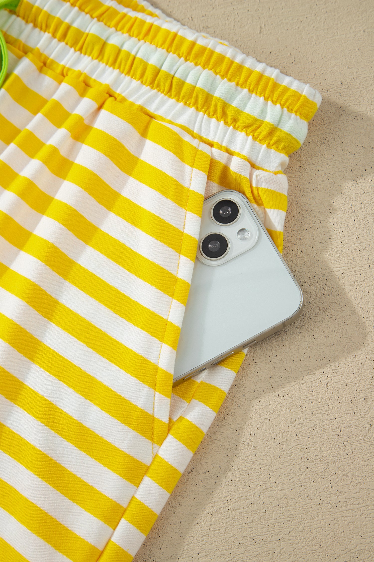 Yellow Stripe Contrast Neck Loose Tee and Drawstring Shorts Set-Two Piece Sets/Short Sets-[Adult]-[Female]-2022 Online Blue Zone Planet